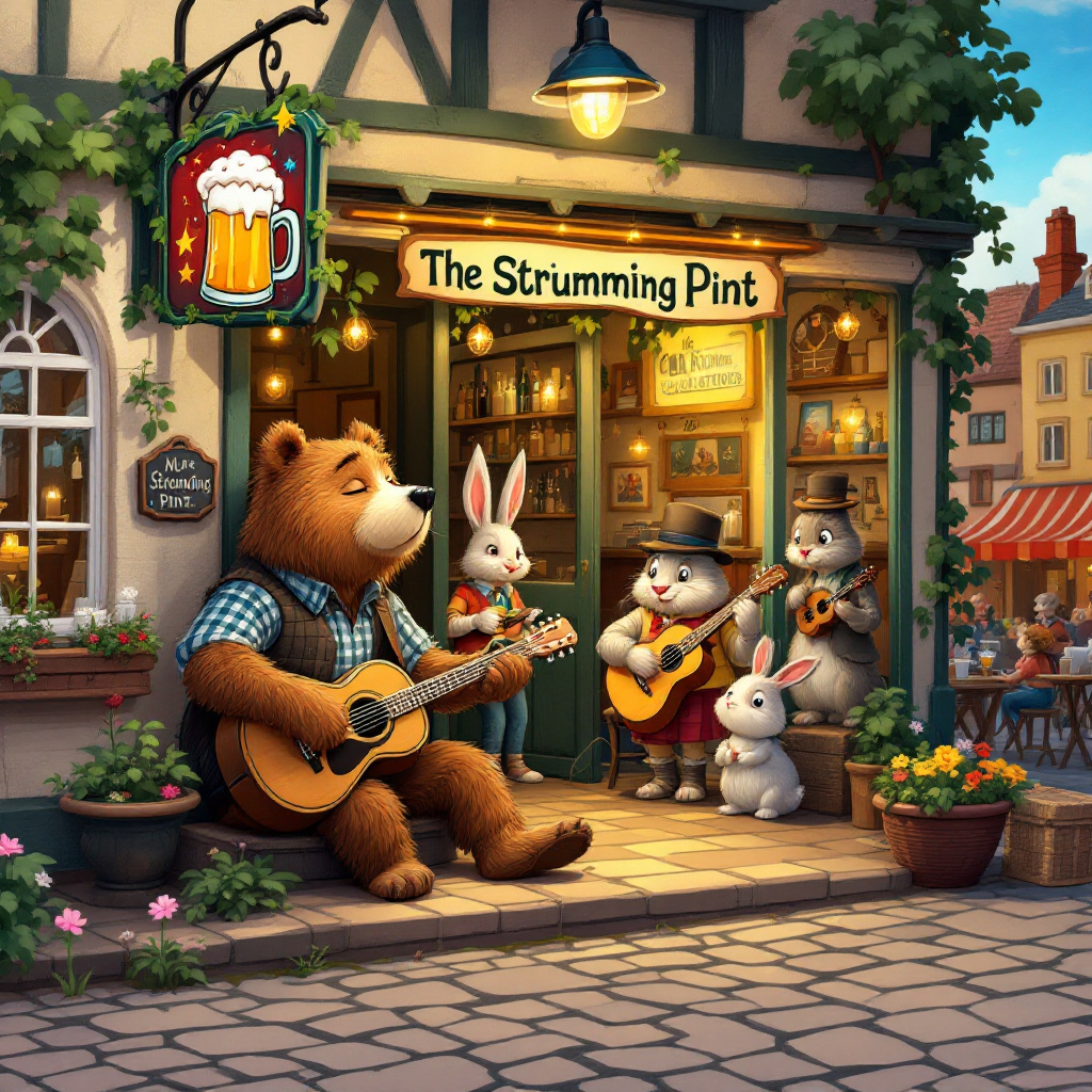 In a whimsical cartoon landscape reminiscent of Charles Schulz’s charm and Bill Watterson’s imaginative flair, the scene unfolds in a lively and cozy pub tucked within a bustling village square. The pub, aptly named "The Strumming Pint," features a colorful, hand-painted sign that swings slightly in the breeze, showing a frothy mug of beer alongside a cartoonish guitar with googly eyes. Through the wide open window, patrons can be seen clinking glasses and laughing heartily, the warm golden glow spilling out onto the cobblestone street.

Inside the pub, perched on a small corner stage, is a lively band composed of anthropomorphic animals that seem like they’ve jumped out of a modern fairytale. At center stage, a dapper bear wearing a checkered waistcoat strums a large acoustic guitar, his eyes closed in musical delight. Next to him, a rabbit in a bowler hat expertly plucks the strings of a ukulele, his long ears drooping rhythmically in time with the beat. Their music notes, drawn in a swirling style akin to a Winsor McCay dreamscape, float across the room like playful sprites.

A banner, hung from the rafters, reads "Happy Birthday Andy!" in a jovial font, each letter adorned with tiny instruments—guitars, ukuleles, and miniature beer mugs—hanging from the tips like quirky Christmas ornaments. In the background, patrons are seated at rustic wooden tables, each one animatedly cheering with tankards that overflow with frothy beer. A cheeky squirrel bartender, with a twinkle in his eye, serves a fresh pint, balancing it skillfully on his bushy tail.

Outside the pub, visible through the large window, a jovial dog strums a guitar beneath a streetlamp. Above him, the night sky is alive with stars, and a cloud shaped distinctly like Andy's name drifts lazily across the moonlit expanse, a nod to the scene's whimsical magic. This playful touch, drawn in the spirit of Gary Larson's clever wit, ties together the festive tableau of merriment and music—a perfect celebration for Andy's special day.
Generated with these themes: Guitar, Beer, Pubs, Ukulele.
Made with ❤️ by AI.