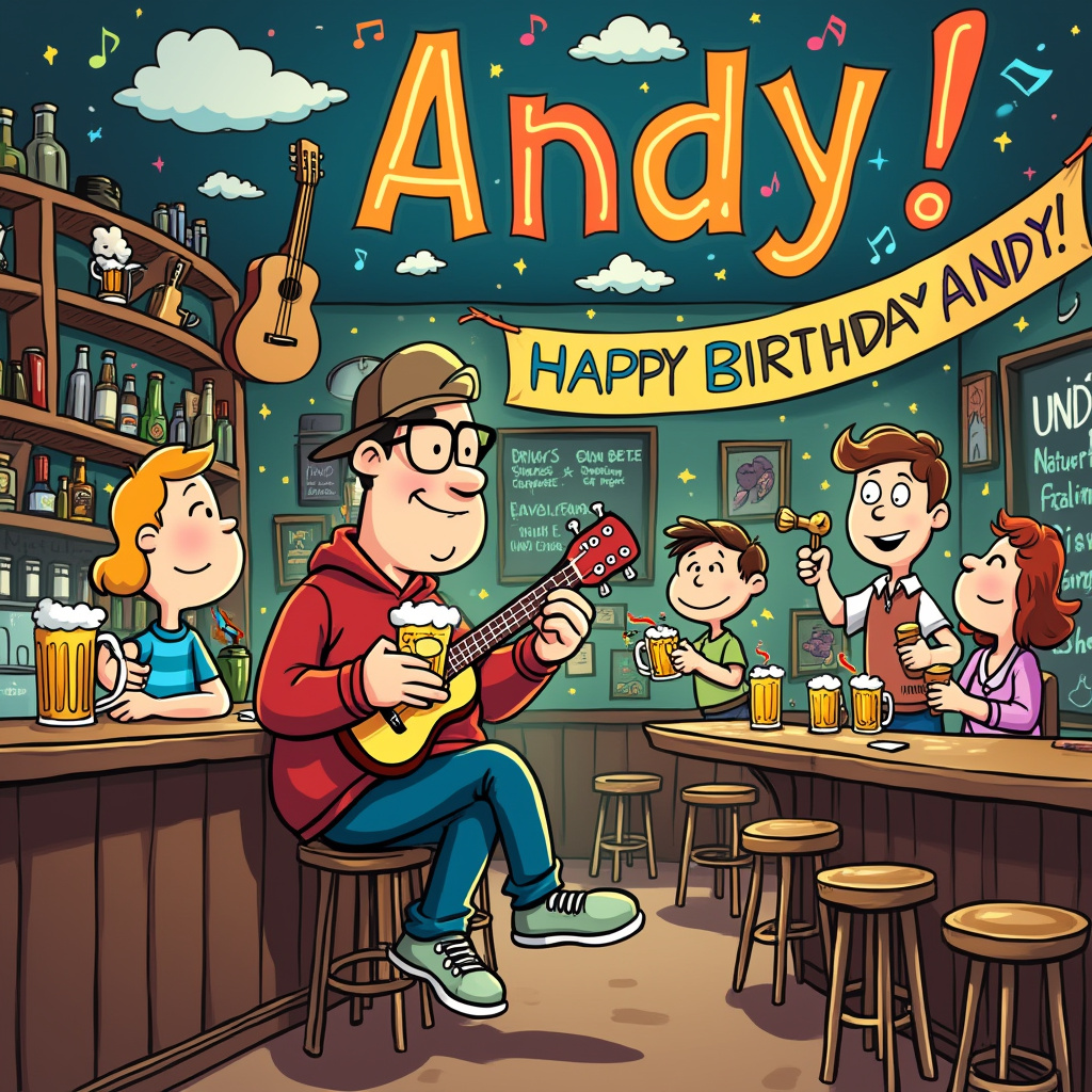 In the heart of a bustling, whimsical cartoon pub, the scene is set for a hilariously chaotic birthday celebration for Andy. The pub, named "The Strumming Taproom," is a quirky, cozy establishment, with beer mugs clinking and laughter echoing throughout. In the foreground, a cartoon caricature of Andy, complete with exaggerated features reminiscent of a Bill Watterson character, is perched atop a barstool, grinning ear to ear. In one hand, Andy clutches a frothy, oversized beer mug, the foam playfully spilling over the sides. In the other hand, he strums a ukulele, the sound waves whimsically depicted as colorful musical notes that dance through the air.

Behind Andy, the pub's walls are adorned with a variety of string instruments, hanging like prized trophies. A flamboyant guitar hangs prominently above the bar, its strings depicted as rainbow-colored ribbons, catching the eye with their vividness. A chalkboard menu, drawn in the style of a R. Crumb underground comix, features drink specials with cheeky, pun-filled names such as "Guitar Grappler" and "Ukulele Unleaded."

To Andy's right, a lively group of animated characters engage in a spirited jam session, featuring a mix of instruments. One character, styled in the vein of a Schulz Peanuts figure, attempts to play a guitar larger than themselves, while another, resembling a farcical Gary Larson creation, amusingly tries to figure out the ukulele’s strings with intense concentration. Above them, a vibrant birthday banner sways gently, with "Happy Birthday Andy!" colorfully written across it in a playful, balloon-like font reminiscent of a Walt Disney title sequence.

The ceiling of the pub is adorned with a mural that echoes the celestial dreamscapes of Winsor McCay, with fluffy clouds forming the word "Andy" in large, bold letters, drifting across a cartoonish night sky. The scene is a delightful collage of whimsical chaos, each element contributing to the comically musical celebration of Andy’s special day, promising laughter and memories.
Generated with these themes: Guitar, Beer, Pubs, Ukulele.
Made with ❤️ by AI.