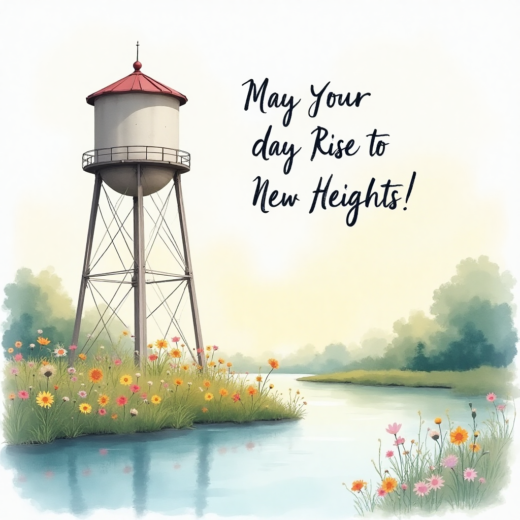 **Image Prompt:**

Envision a serene landscape where a majestic water tower rises against a soft watercolor sky, painted in gentle pastel hues of dawn. The tower, a symbol of stability and grace, stands amidst a field of wildflowers, their colors blending harmoniously in gentle blues, pinks, and yellows. The watercolor technique gives the scene an ethereal quality, with the tower reflecting slightly in a nearby tranquil pond, the colors dancing like whispers in the water.

**Text Suggestion:**

Floating delicately in the upper corner, a whimsical handwritten note reads: "May Your Day Rise to New Heights!"
Generated with these themes: Water Tower, and .
Made with ❤️ by AI.