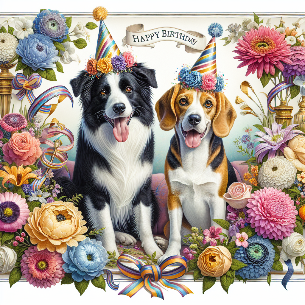 Create a cheerful birthday scene in a realistic style that features a Border collie and a Beagle both wearing festive party hats. They are surrounded by a luxurious array of flavorful flowers that represent growth and happiness. Incorporate elements from a Wisconsin Dog Show to encapsulate a sense of community and revelry, subtly weaving ribbons and trophies into the floral arrangement. The entire scene is to be elegantly encirced by a light and colorful border that adds to the birthday milieu.
Generated with these themes: Border collie, Beagle, Flowers , W.I., and Dod show.
Made with ❤️ by AI.