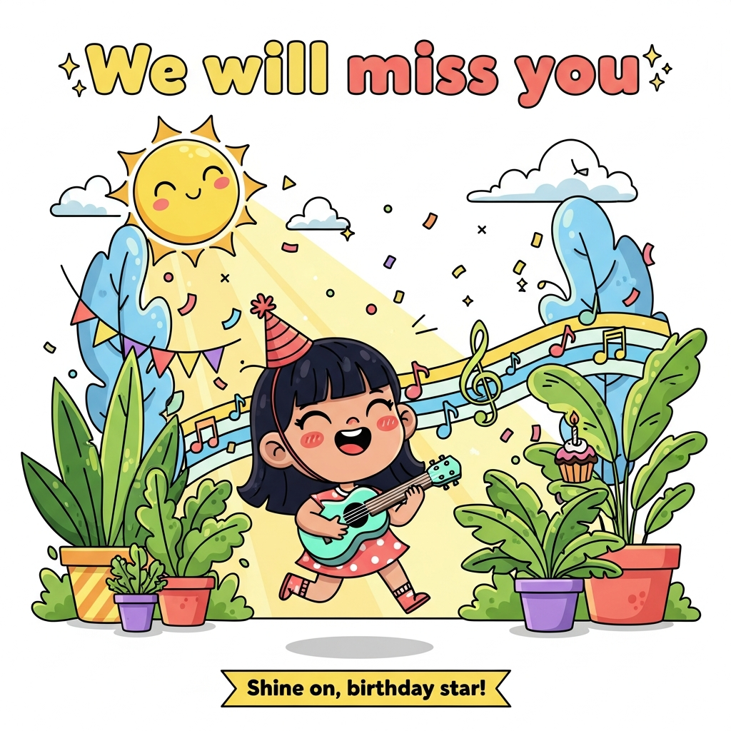 Girl with dark hair. Sunshine, plants, music notes, and Birthday Card