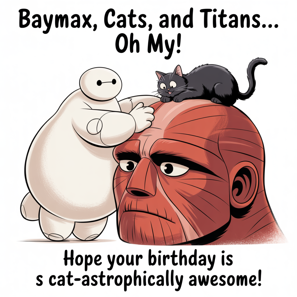 At the top of the image, "Baymax, Cats, and Titans... Oh My!":

At the bottom of the image, "Hope your birthday is cat-astrophically awesome!" 

- Illustrate a whimsical scene where a giant Baymax is playfully attempting to catch a curious black cat perched atop a colossal Titan's head. The Titan looks slightly bewildered, while the cat has a cheeky expression. Use soft lines and warm colors to convey a sense of humor and charm.
Generated with these themes: Baymax, Black cats, Attack on titan, and .
Made with ❤️ by AI.