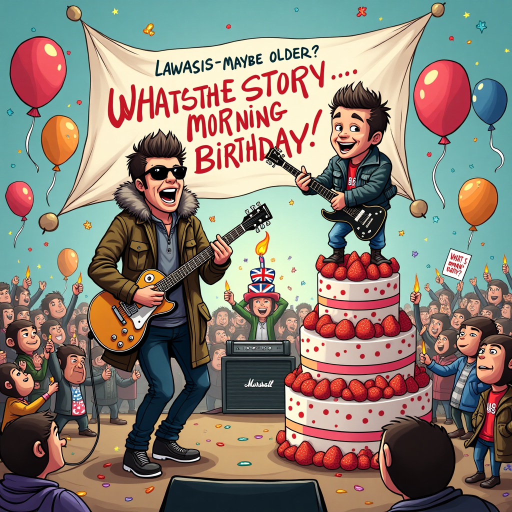 **Prompt:**

At the top of the cartoon image: *"Lawasis—Definitely Maybe Older!"*

A hilarious cartoon scene of a Britpop birthday bash in full swing: Liam Gallagher, in full parka and sunglasses, is front and center, mid-strut, singing into a microphone made out of a birthday candle. Alex Turner of Arctic Monkeys is shredding on a giant cake-shaped electric guitar while perching coolly atop a stack of old Oasis vinyl records. Balloons float by with phrases like "WonderBirthday?" and "Do I Wanna Cake?" emblazoned on them.

Behind them, a rowdy crowd of cartoon monkeys (dressed like Arctic Monkeys fans) is waving tiny Union Jacks and holding lighters aloft. One monkey crowd-surfs while wearing a paper crown labeled “Law”. Confetti explodes from a Marshall amp, and a huge banner behind the band reads, “What’s the Story, Morning Birthday?” in glitter.

Style is colorful and exaggerated cartoon – expressive faces, over-the-top instruments, lots of birthday chaos and Britpop vibes.
Generated with these themes: Liam gallgher, Oasis, Arctic monkeys, Guitars, and .
Made with ❤️ by AI.