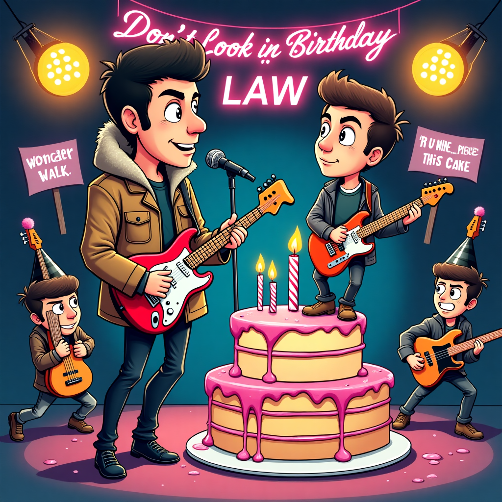 **Prompt:**  
*At the top of the cartoon image, it says:*  
**"Don't Look Back in Birthday, Law!"**

Create a colorful and humorous cartoon image showing Liam Gallagher, Alex Turner from Arctic Monkeys, and a group of cartoon guitars gathered at a chaotic rock 'n' roll-themed birthday party. Liam is wearing his signature parka, belting out "Happy Birthday" into a mic shaped like a birthday candle. Alex is on a giant layered cake shaped like an amplifier, soloing on a guitar that’s leaking jelly. Surrounding them are guitars partying hard – one’s passed out in a party hat, another is doing air guitar with spaghetti arms. The backdrop features a mash-up of 90s Manchester vibes and Arctic Monkey’s neon stage aesthetic, with banners saying "WonderWall of Cake" and "R U Mine…Piece of This Cake?". All characters are cartoonish and exaggerated with cheeky facial expressions, making it perfect for a rock-loving birthday legend named Law.
Generated with these themes: Liam gallgher, Oasis, Arctic monkeys, Guitars, and .
Made with ❤️ by AI.