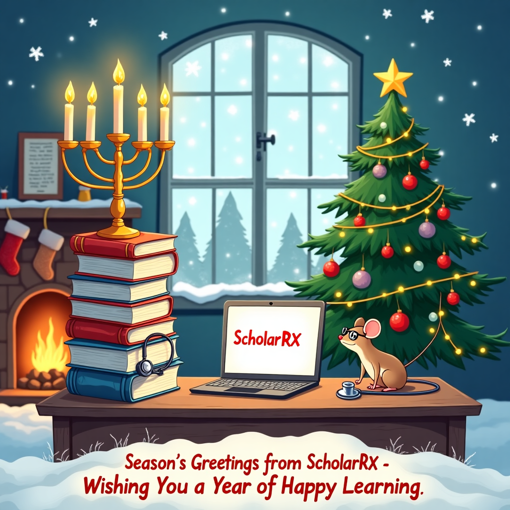 The front cover of this Christmas greeting card unfolds into a lively and whimsical scene inspired by a blend of classic cartoon artistry. The background features a cozy room with large, frosty windows. Snowflakes gently fall outside, and through the windowpanes, you can catch a glimpse of the peaceful, snow-blanketed landscape. Inside, the room is aglow with the warm, inviting light emanating from a fireplace, where stockings hang jauntily on the mantel. In the foreground, a sturdy wooden desk holds a tower of textbooks, each spine meticulously labeled with subjects like "Anatomy," "Physiology," "Pharmacology," and "Surgery." The textbooks are slightly askew, hinting at the bustling mind of a dedicated medical student.

Draped over this stack is a playful stethoscope, its earpieces hanging over the side, perhaps looking like they are attempting to eavesdrop on the knowledge within. An open laptop sits prominently, its screen illuminated with the crisp, simple text "ScholarRX" on a crisp white background. Nearby, a menorah stands proud, each candle topped with a bright yellow flame that flickers cheerfully, casting shadows that dance across the walls. To its right, a Christmas tree stands tall, adorned with colorful baubles, twinkling lights, and a garland that spirals down its lush branches. A star sits atop the tree, slightly tilted, as if it's leaning in to listen to a holiday tune.

A curious little mouse, reminiscent of something out of a fairy tale, peeks from behind the stack of books, wearing tiny spectacles as if ready to absorb all the wisdom. Below this charming and busy tableau, the text reads in a merry script: "Season's Greetings from ScholarRX – Wishing You a Year of Happy Learning." The card is colored in a palette of whites, reds, greens, and blues, with deep blues and grays grounding the scene, offering a nod to the academic dedication amidst the festive chaos.
Generated with these themes: Background: A cozy, wintry scene with soft, snowy falling snowflakes and warm light glowing from inside a room.  Main Image: In the foreground, a stethoscope drapes over a stack of textbooks, which are labeled with common medical subjects like "Anatomy," "Physiology," "Pharmacology," "Surgery,". There's an open laptop computer screen with the words "ScholarRX" only.   Decorative Elements: Please also include a hanukkah menorah with candle flames and a christmas tree in the room.   Color Palette: Shades of white, red, green, and blue to keep the holiday theme, balanced with deep blues and grays for a professional, academic vibe.  Message (Text): Above or below the main scene, the text exactly reads: "Season's Greetings from ScholarRX – Wishing You a Year of Happy Learning.".
Made with ❤️ by AI.