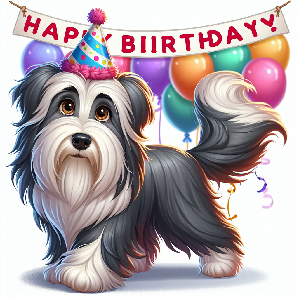 Create a joyful cartoon scene with a celebratory birthday ambience. The focus is on a full-grown Bearded Collie, standing on its hind legs with its tail flowing in the air, signaling its anticipation. Its grey and white coat is meticulously styled, moving as the dog shifts. Its sparkling brown eyes perfectly mirror the festive mood of the event, and a colorful party hat adorns its head. Colourful balloons can be seen in the background, adding to the decoration, while a banner elegantly hanging overhead reads 'Happy Birthday!'.
.
Made with ❤️ by AI.
