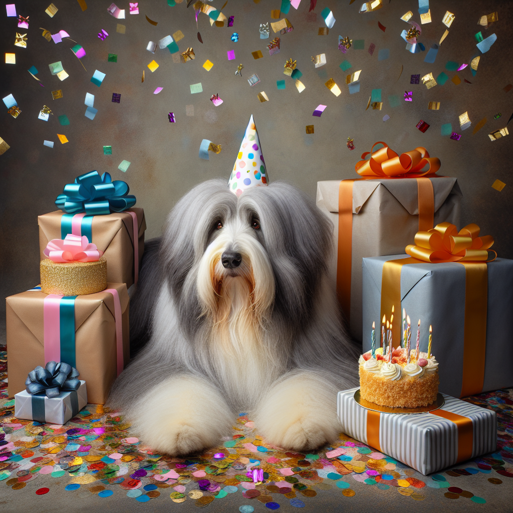 Depict a whimsical birthday scene with a Bearded Collie as the main focus. The adult dog, featuring a luxurious grey and white coat and gentle brown eyes, comfortably sits amidst a pile of wrapped gifts. It has a small festively colored party hat on its head. Multicolored confetti is scattered across the air around the dog, creating a joyful ambiance. Closer to the dog, there's a round birthday cake with lit candles which is still untouched, waiting just within the dog's reach, ready to be part of the celebratory moment.
.
Made with ❤️ by AI.