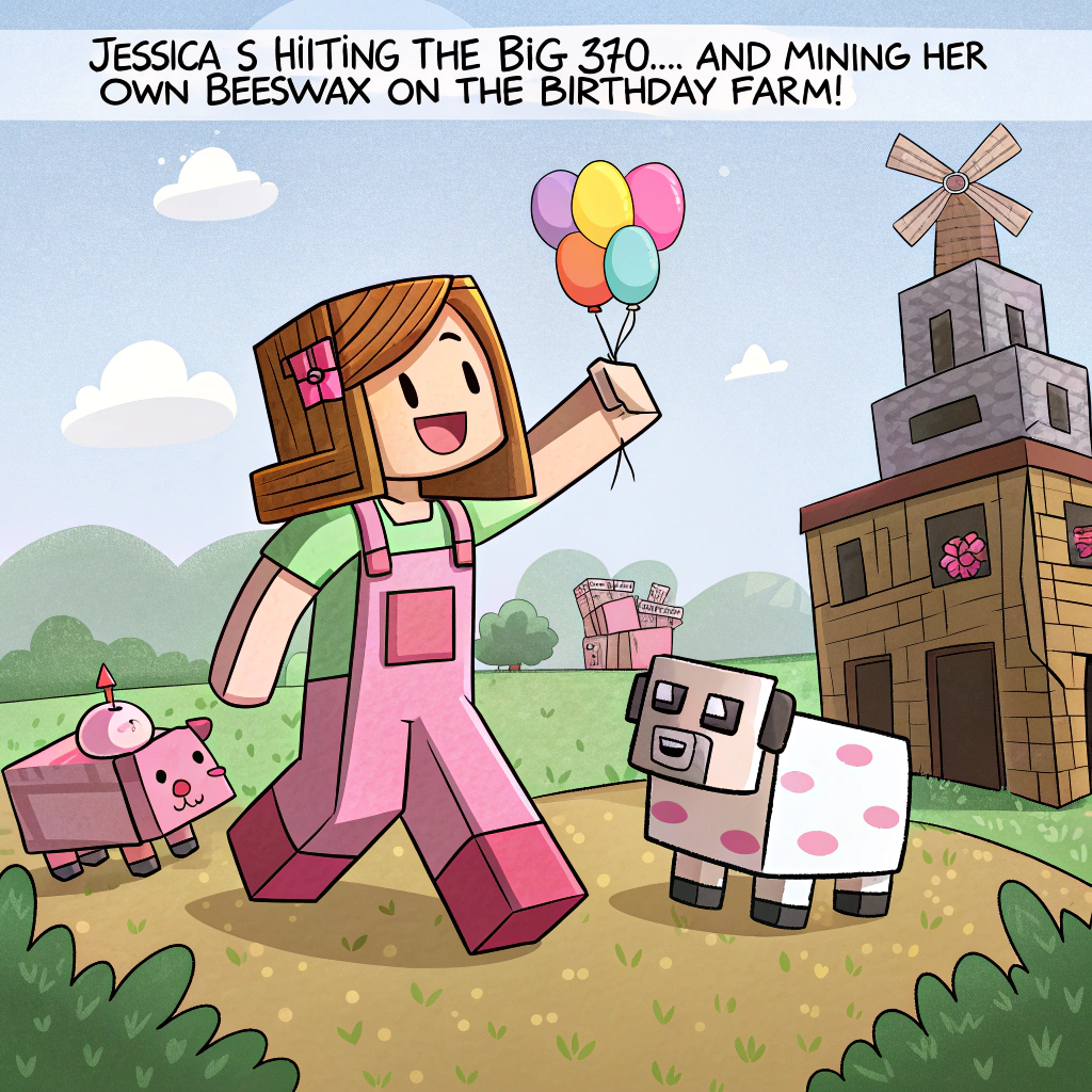 At the top of the image, "Jessica’s hitting the BIG 3-0... and mining her own beeswax on the birthday farm!"

– Illustrate a playful cartoon farm scene in Minecraft-inspired blocky style, with cute, cube-shaped farm animals wearing party hats.  
– Jessica (drawn as a Minecraft character with a birthday sash and pixel-pink overalls) is joyfully riding a blocky pig that has a "Level 30" balloon tied to its curly tail.  
– A creeper is sneakily trying to blow out a candle on a pixelated cake while wearing a cowboy hat.  
– There are blocky hay bales, party banners made of wool blocks, and a festive wooden barn decked out in Minecraft torches.  
– Off to the side, a tiny pen with sheep dyed in bright rainbow colors spelling “DIRTY 30!” in speech bubbles.
Generated with these themes: Minecraft dirty 30 birthday party on a farm.
Made with ❤️ by AI.