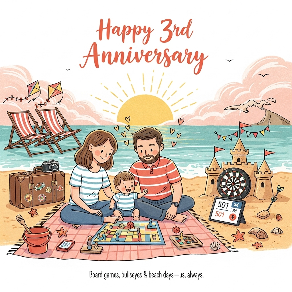 At the top of the Illustration Style image, Happy 3rd Anniversary 

Hand-drawn, cute illustration in a warm, expressive color palette (peachy pinks, sunlit golds, seafoam blues, gentle teal shadows) with fine linework and textured brush strokes. Portrait composition, large image focus with plenty of sky for the header, soft paper grain.

Scene: a golden-hour beach holiday. In the foreground, Mummy, Daddy, and little Toby sit together on a patterned picnic blanket. They’re smiling and close, with rounded, charming features and rosy cheeks. They’re mid-game on a simple board game (colorful squares, wooden pawns, a die) as Toby excitedly rolls the dice. To the right, a playful sandcastle props up a small tablet streaming darts—on screen, a simplified dartboard and a clean “501”-style scoreboard, with tiny bunting shaped like dart flights fluttering from the castle towers. A bucket and spade, scattered shells, and three starfish subtly echo the “3rd” theme. Behind them, gentle waves and a soft horizon; a vintage suitcase with travel-style stickers and a camera hint at holidays. Three mismatched beach chairs and three kites/flags in the breeze reinforce the family-of-three vibe. Light, heart-shaped seafoam dots and tiny sketched hearts drift in the air for extra cuteness.

Typography: header hand-lettered in a friendly brush script, warm coral with a soft shadow; keep text clean and unobtrusive so the image stays dominant.

At the bottom of the image, in small, hand-lettered caption: Board games, bullseyes & beach days—us, always.
Generated with these themes: Beach, Mummy daddy toby, Watching darts , Playing board games, Holidays, and .
Made with ❤️ by AI.