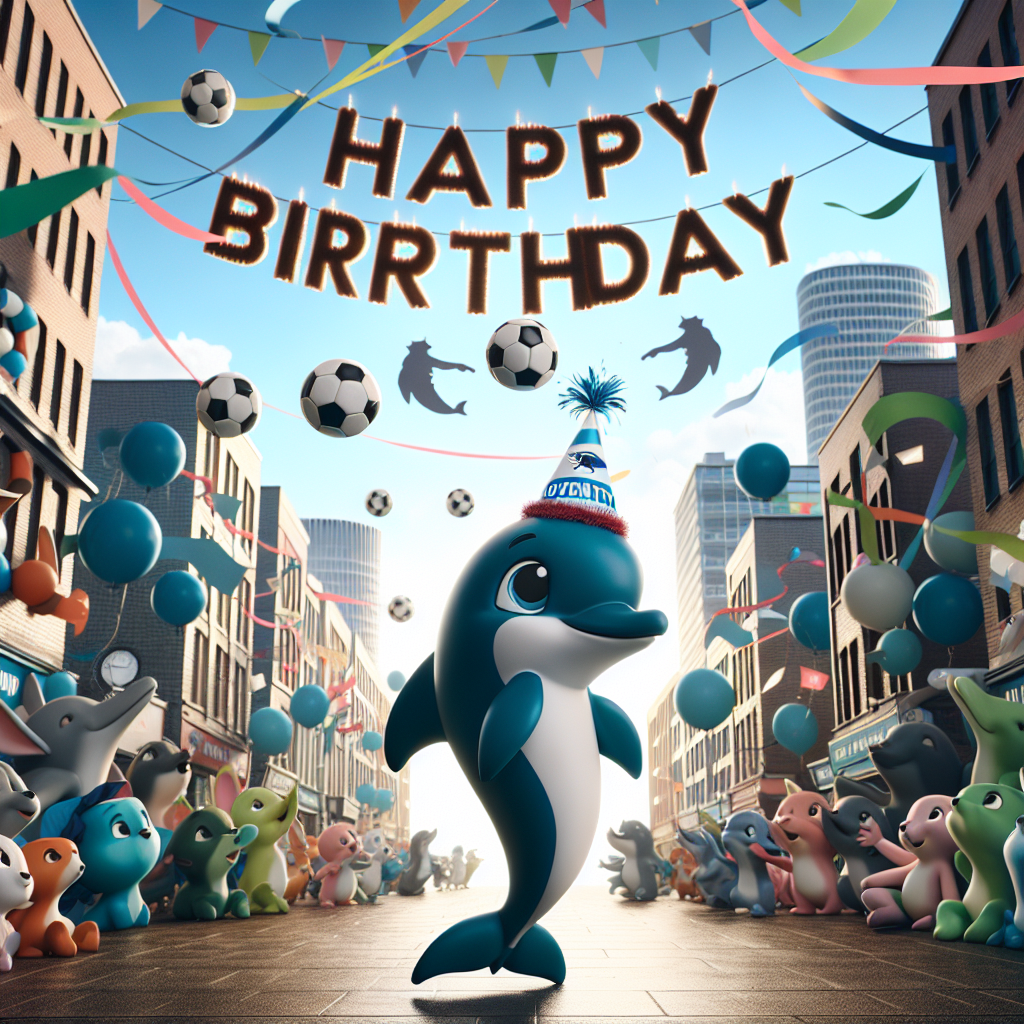 Imagine an animated birthday celebration taking place in the city of Coventry, characterized by its signature tall buildings decorated with festive streamers. In the heart of the scene, a cute dolphin donning the colors of Coventry City's football team is happily playing with a football. This playful scene is cheered on by a variety of cartoon animal onlookers. The sky is adorned with an imaginative 'Happy Birthday' signage, where footballs and silhouettes of dolphins replace the usual embellishments, serving as a testament to the city's enthusiasm for football and the ocean's friendly creature.
Generated with these themes: Coventry city, Football, and Dolphins.
Made with ❤️ by AI.