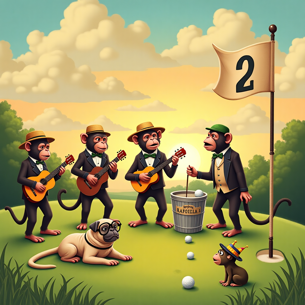 Monkeys music band, In a golf course, with a flag or pin with a "2" in it , and A pug laying down Birthday Card