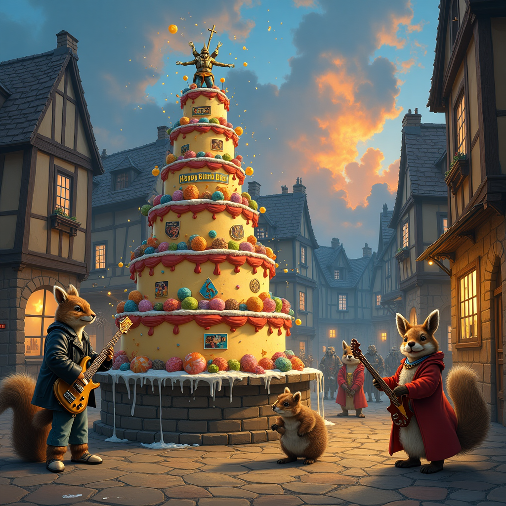 In the bustling scene of a whimsical birthday gathering, we find ourselves in a quaint, enchanted medieval town square, where the spirit of Iron Maiden has playfully woven itself into the festivities. A group of charming animals, reminiscent of Beatrix Potter's beloved characters, are gathered around an enormous cake, towering with layers adorned with vibrant, candy-like studs resembling miniature Iron Maiden album covers. The cake is crowned with a tiny, detailed figurine of Eddie, Iron Maiden's iconic mascot, holding a banner that boldly spells out "Happy Birthday Pete!" in vibrant, metallic letters. 

Amidst the partygoers, a mischievous squirrel sporting a leather jacket and a mini top hat strums a guitar, while a badger with a wizard's robe and a wand orchestrates colorful sparks in the air, much like a concert's light show. On the cobblestone streets, a fox, with a quizzical yet enthusiastic expression, attempts to dance, evoking the energy of a rock concert. Above, the sky is a rich tapestry of twilight colors with clouds that swirl in patterns resembling electric guitars and musical notes, and if you look closely, you can see Pete’s name subtly inscribed in the contours of a cloud shaped like a bass guitar.

In the background, quaint half-timbered houses, with exaggerated angles and quirky architectural features, create a fantastical setting inspired by Rackham’s enchanted forests and Parrish’s luminescent colors. The scene is completed with a stone fountain at the center of the square, where water cascades over statues of jubilant woodland creatures, celebrating the joyous occasion. All around, the spirit of the gathering echoes with the harmonious blend of rock 'n' roll energy and whimsical storytelling, capturing the unique essence of Pete's special day.
Generated with these themes: Iron maiden.
Made with ❤️ by AI.
