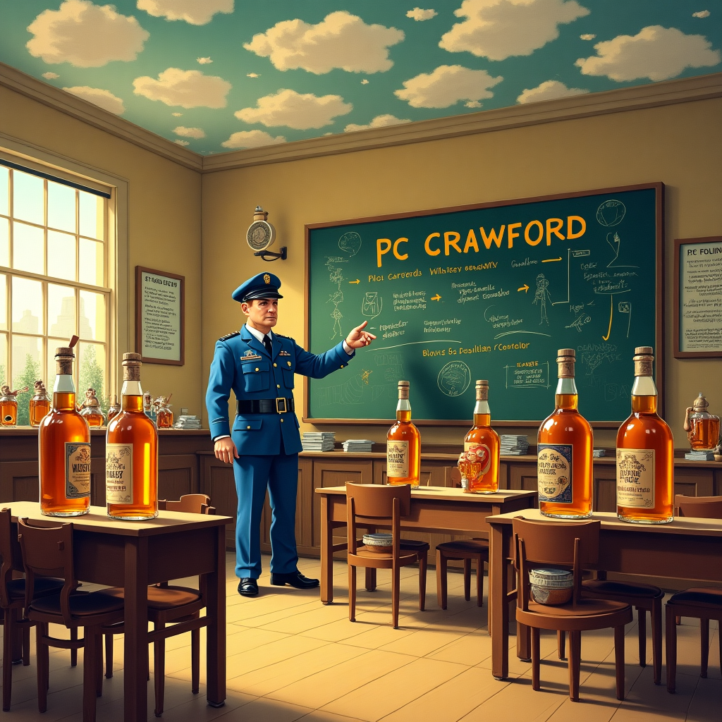 The scene unfolds in a lively, slightly chaotic classroom setting, reminiscent of a Norman Rockwell painting with a whimsical twist. The room is filled with an eclectic mix of props and characters, each creatively contributing to the themes. At the center, a distinguished-looking police officer, "PC Crawford," is depicted teaching a class of animated, anthropomorphic whiskey bottles. Each bottle has its own personality, with expressive labels and tiny arms raised in curiosity, eager to learn. The officer, in his traditional blue uniform, stands by a large chalkboard, his name "PC Crawford" prominently written in bold, elegant letters, much like a Beatrix Potter script, right above a whimsical doodle of a badge.

On the board, he points to a colorful diagram explaining the complexities of whiskey aging, with arrows and sketches that echo Quentin Blake's lively line work. Meanwhile, in one corner of the room, a group of tiny, comical toy guns sits attentively on miniature chairs, hanging on PC Crawford's every word. They have exaggerated, cartoonish faces that appear both studious and slightly mischievous. The walls are adorned with artful, Maxfield Parrish-inspired posters showcasing the "Art of Policing," featuring intricate, dreamlike illustrations.

Above the scene, the ceiling is a whimsical cloudscape, with PC Crawford’s name creatively spelled out in the clouds, a nod to Gustave Doré's celestial works. Each cloud is uniquely shaped, some resembling whiskey barrels and others taking on the form of friendly, soft-edged constables. A large window on the side lets in a golden afternoon light, casting playful shadows that dance across the floor, adding depth to this intricate and humorous classroom tableau. This fanciful and detailed composition promises a thank-you card that is as unique and memorable as the themes it captures.
Generated with these themes: Whiskey , guns , police teaching.
Made with ❤️ by AI.