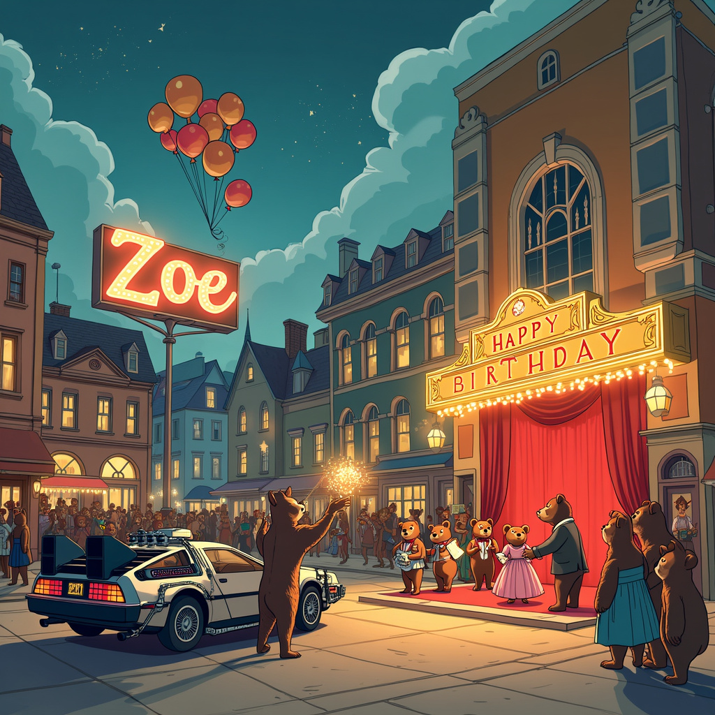 In the bustling, vibrant town square of a whimsical village, we have a charming birthday scene unfolding for Zoe. At the center of the square is a stage reminiscent of a classic musical theatre, complete with red velvet curtains and golden tassels. The marquee above the stage reads "Happy Birthday Zoe!" in glowing, retro Broadway lights. 

A time-traveling DeLorean from "Back to the Future" is parked to the left of the stage, its gull-wing doors open. Inside, a friendly, anthropomorphic bear dressed in a tuxedo and top hat, reminiscent of a classic musical theatre performer, is stepping out, holding a bouquet of colorful balloons with the number "22" prominently featured.

In the background, quaint buildings inspired by a mix of Walt Disney and Hergé’s styles line the square. A large billboard atop one of the buildings features an animated "Astro Boy"-like bear character with a jet pack, flying through the sky with a banner trailing behind that reads "Happy 22nd Birthday, Zoe!"

Around the stage, there's a lively crowd of cartoon bears, each one unique and expressive, as if inspired by Bill Watterson and Charles Schulz. Some are wearing vintage 80s clothing, while others are dressed as characters from various beloved musical theatre productions. One bear, dressed like Marty McFly, is holding a giant birthday cake with "Zoe" written in icing on the top tier.

Above the entire scene, fluffy clouds in the sky have been shaped to spell out "Zoe" in a playful, balloon-like font, reminiscent of something from Winsor McCay’s dreamy landscapes. Nearby, a bear conductor, looking very official with a music sheet, is orchestrating a band of musical bears playing instruments like trumpets, violins, and a grand piano, taking inspiration from the detailed artistry of Will Eisner.

To the right, a comic panel style insert (a nod to Art Spiegelman) shows a short story of Zoe as a bear cub receiving a musical note that magically transforms into a time-traveling ticket, leading her to this very celebration. R. Crumb-like detailing adds an underground comix flair to this small narrative, giving it a unique, quirky touch.

The entire scene is a colorful, bustling tableau of celebration, time-travel, musical theatre, and endearing bears, each element thoughtfully designed to celebrate Zoe’s 22nd birthday in an unforgettable, whimsical way.
Generated with these themes: Back to the future, Musical theatre, Bears, and 22.
Made with ❤️ by AI.