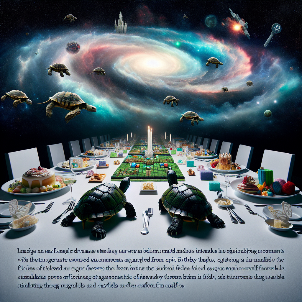 Imagine an ethereal dreamscape where turtles are adorned with majestic armor resembling the intricate ensembles from epic fantasy tales, embodying the role of guardians to a mystical birthday realm. The sky above forms an extraordinary visual with a nebula shaped like a joystick, radiating a gentle luminescence over a banquet table, arranged with a lavish spread of other-worldly edibles. Each dish is influenced by significant moments in the gaming universe, providing a gastronomic journey through fields composed of pixels and castles crafted from candy. In this scenario, the birthday theme merges childhood fantasy with grand narratives, stimulating both the imaginings and the taste buds.
Generated with these themes: Turtles , Lord of the rings , Gaming , and Food.
Made with ❤️ by AI.
