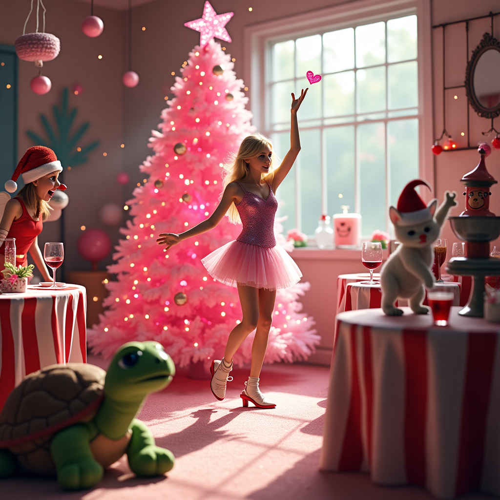In a whimsical holiday setting, imagine a bustling Christmas party scene beneath a gigantic, glowing pink Christmas tree adorned with twinkling lights and glittering baubles. In the center, Taylor Swift, wearing a sparkling pink dress reminiscent of a Barbie outfit, is enthusiastically dancing with Pickle Rick, who is humorously attempting gymnastics moves. Nearby, a turtle wearing an elf hat serenely sits under the tree, watching the festivities with a bemused expression. To the side, a jolly angel with a halo that sparkles like tinsel serves glasses of red wine and plates of spaghetti bolognaise to the merry crowd.

Perched on a candy cane-striped table, a mischievous kitten wearing a mini Santa hat playfully bats at a twinkling ornament. Meanwhile, a group of animated gonks, with their oversized noses and fuzzy hats, are engrossed in a lively game of musical chairs. A holographic image of Jesus Christ, embodying peace and love, oversees the party, with open arms ready for hugs. His presence is gently highlighted by a glowing heart above his head.

In the background, a chocolate fountain flows next to a beauty salon station where an elf stylist offers free festive makeovers, complete with glitter and sparkling red lipstick. Sunlight streams through a frosted window, casting a warm glow over the entire scene, and an inflatable paradise island prop adds a touch of the tropics to this winter wonderland. All around, love hearts and sparkles float through the air, capturing the joyous and whimsical essence of this extraordinary Christmas celebration.
Generated with these themes: Spaghetti Bolognaise , Taylor Swift, Kitten, Red wine, Dancing, The colour pink, Turtle , Glitter, Barbie, Sunshine, Pickle Rick, Gymnastics, Jesus Christ, Hugs, Love, Love heart, Party, Glitter, Chocolate , Christmas tree, Angel, Elf, Paradise, Gonk, Beauty Salon, and .
Made with ❤️ by AI.