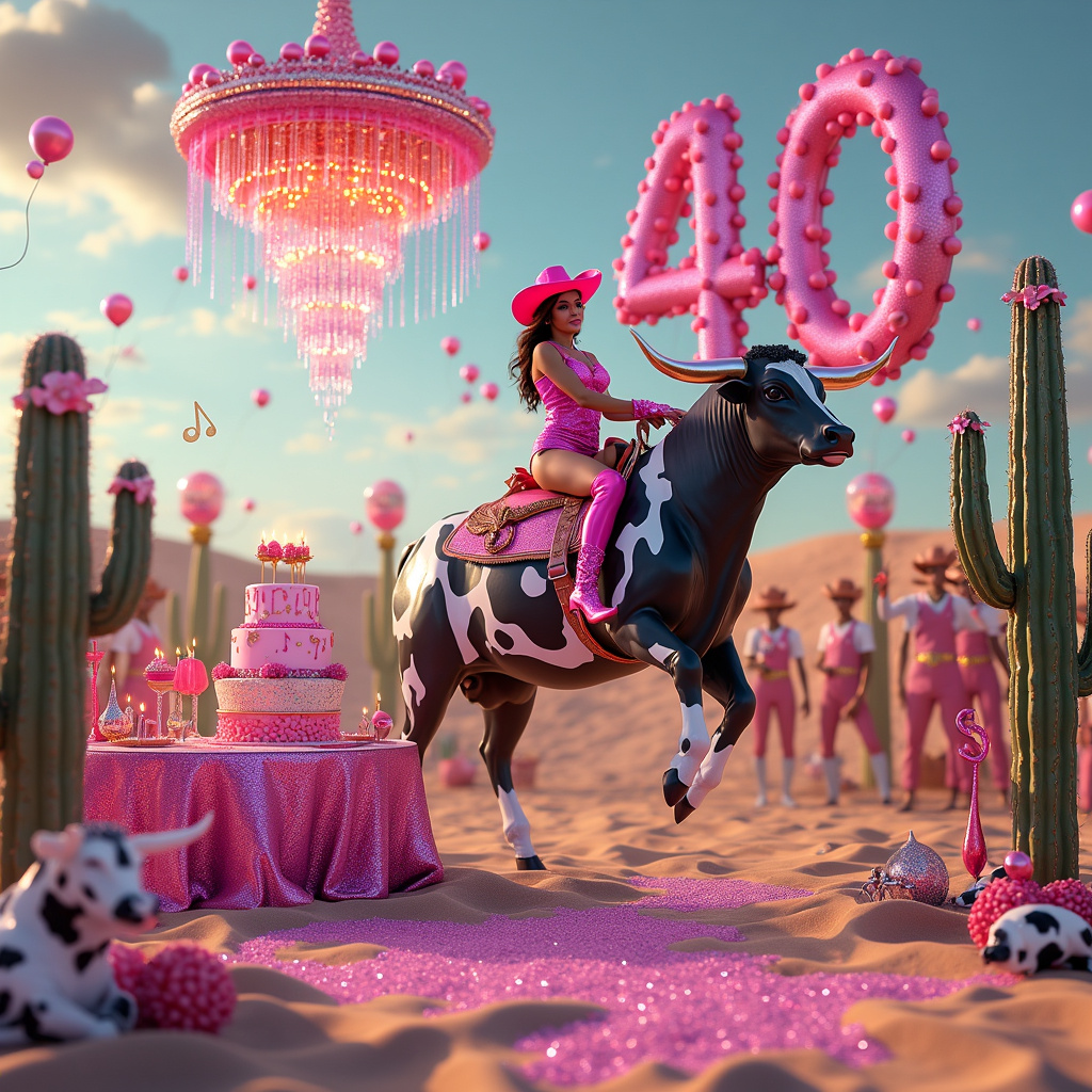 Picture a dazzling surreal rodeo party set in an otherworldly desert where the sand sparkles with pink glitter. In the foreground, a vivacious cowgirl, bedecked in a glamorous pink cowgirl hat and matching boots, rides a mechanical bull. The bull’s hide is a striking cow print of black and white, but with an unexpected twist—its horns are shimmering glitterballs, reflecting tiny prisms of light that dance across the scene.

Behind her, a giant "40" fashioned out of intertwined lassos hovers above, encrusted with pink sparkles and set aglow by fairy lights that snake through the loops. Off to the side, a whimsical cactus adorned with glittering pink birthday candles stands tall, each candle flickering with a tiny golden flame.

A party table draped in cow print fabric is laden with treats: cupcakes with pink frosting and edible glitter, and a grand cake that towers with four layers, each adorned with sparkling rhinestones and topped with a mini rodeo scene made from fondant. Surrounding the table, guests in elaborate cowgirl and cowboy attire mingle—some wear oversized pink boots and glittery vests, others sport hats with spinning mini-disco balls attached to the brims.

Overhead, a sky filled with floating pink balloons, each one encasing a sprinkle of pink glitter that occasionally bursts, showering the scene below. A band of musical notes and instruments, animated with cow print patterns, drift whimsically through the air, as though celebrating with their own melodic jubilation.

The entire scene is anchored by a magnificent glitterball chandelier hanging from a makeshift pergola of twisted, glittery vines and ropes, casting a spellbinding glow over this 40th birthday rodeo extravaganza.
Generated with these themes: 40th birthday , Rodeo, Pink sparkles , Cow print, Glitterball , Cowgirl , and Party.
Made with ❤️ by AI.