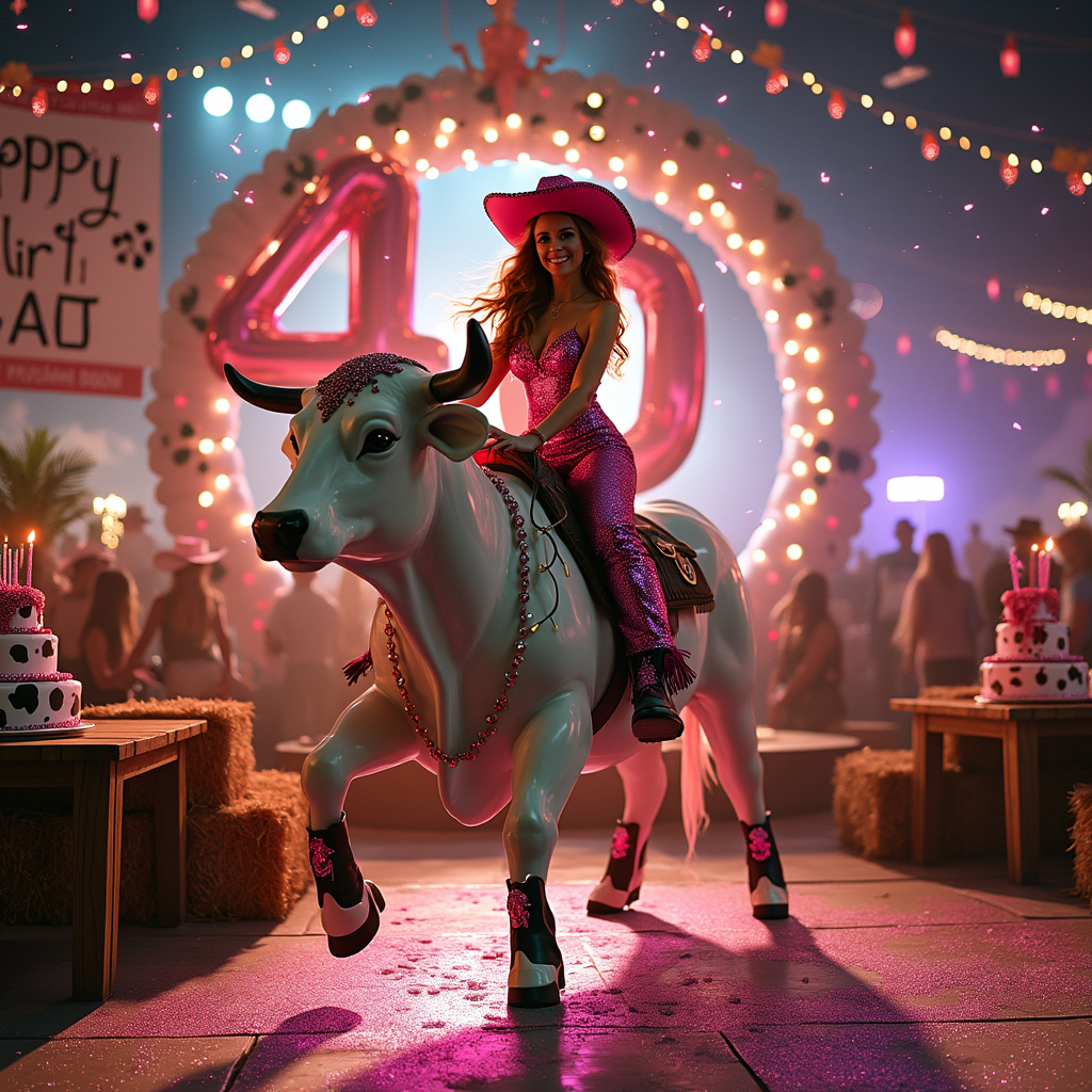 40th birthday , Rodeo, Pink sparkles , Cow print, Glitterball , Cowgirl , and Party Birthday Card