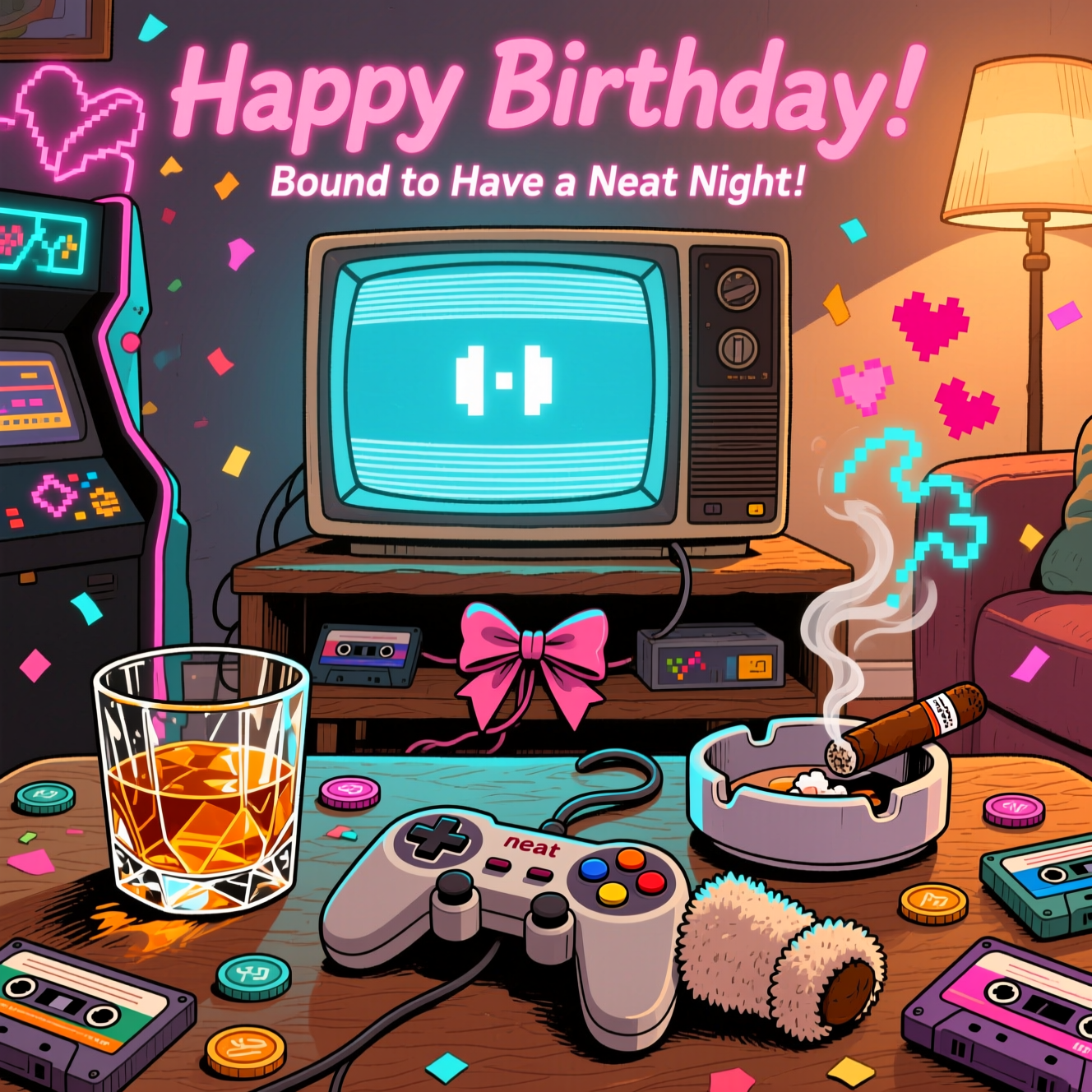 At the top of the Illustration Style image, "Happy Birthday!"
At the bottom of the image, "Achievement Unlocked: Bound to Have a Neat Night."

Hand-drawn illustration with fine linework and textured brush strokes. Balanced composition: in the center, a glowing retro CRT TV with subtle scanlines and an 8-bit pause icon. Left foreground: a crystal rocks glass of whiskey (neat), catching warm amber highlights. Right foreground: an ashtray shaped like a classic game cartridge cradling a smoldering cigar; its smoke curls into playful pixel hearts and neon squiggles. Across the coffee table, a vintage game controller with its cable tied into a neat, silky bow; a pair of fuzzy cuffs clipped cheekily to one grip—suggestive but lighthearted. Scatter arcade tokens, cassette tapes, and neon 80s/90s Memphis-style shapes as confetti. Warm, expressive color palette of bourbon ambers, wood browns, and pops of neon magenta and cyan; soft paper grain, gentle vignette, and cozy lamplight glow. Funny, nostalgic vibe blending cigars, whiskey, video games, 80s/90s pop flair, and tongue-in-cheek kink.
Generated with these themes: Cigars, Whiskey, Video games, 80s/90s pop culture, Kink/bdsm, and .
Made with ❤️ by AI.