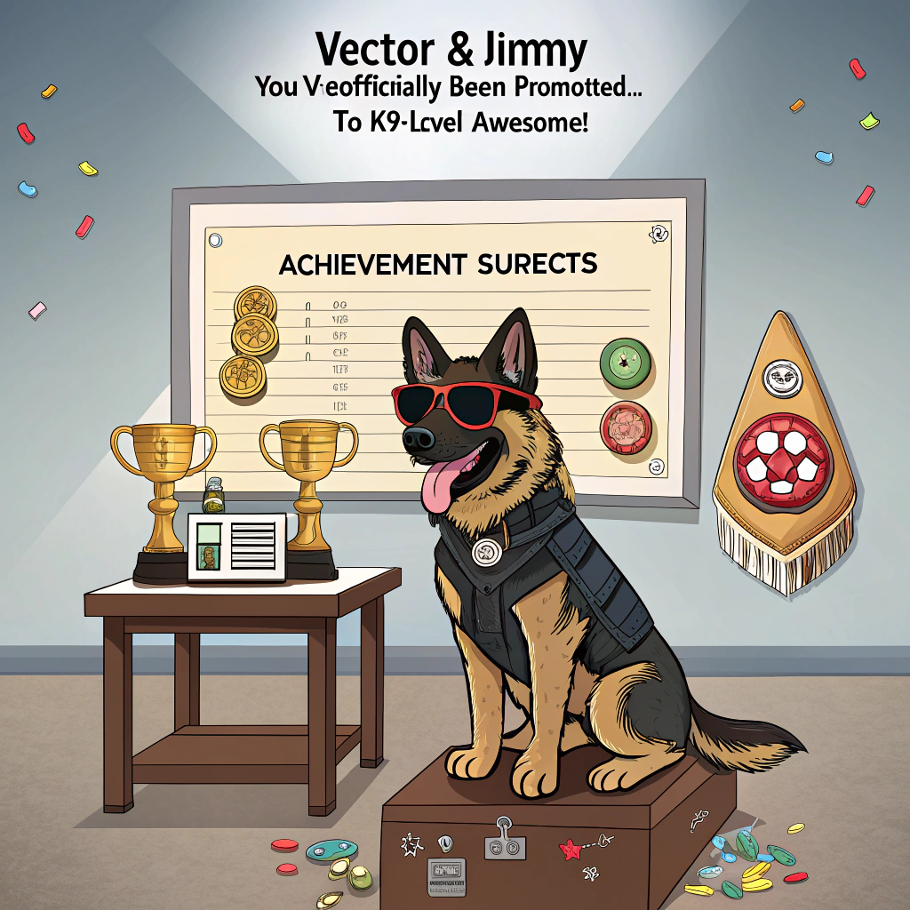 At the top of the image, "Vector & Jimmy—You've officially been promoted… to K9-level AWESOME!"

– The image shows a comically intense German Shepherd police dog wearing dark aviator sunglasses, standing on its hind legs behind a tiny desk stacked with award trophies, paw-printed certificates, and donuts. It's dramatically pointing at a giant wall chart titled "Achievement Suspects" where Vector & Jimmy's faces are posted under “Top Dawgs of Excellence.”  
– Around the scene, caution tape reads: "Achievement Scene – DO NOT UNDER-CELEBRATE!"  
– A raccoon in a tiny prisoner outfit hides behind the desk, sneakily eating a donut and giving a guilty thumbs-up.
Generated with these themes: Make a dangerous police dog, a german shephard.
Made with ❤️ by AI.