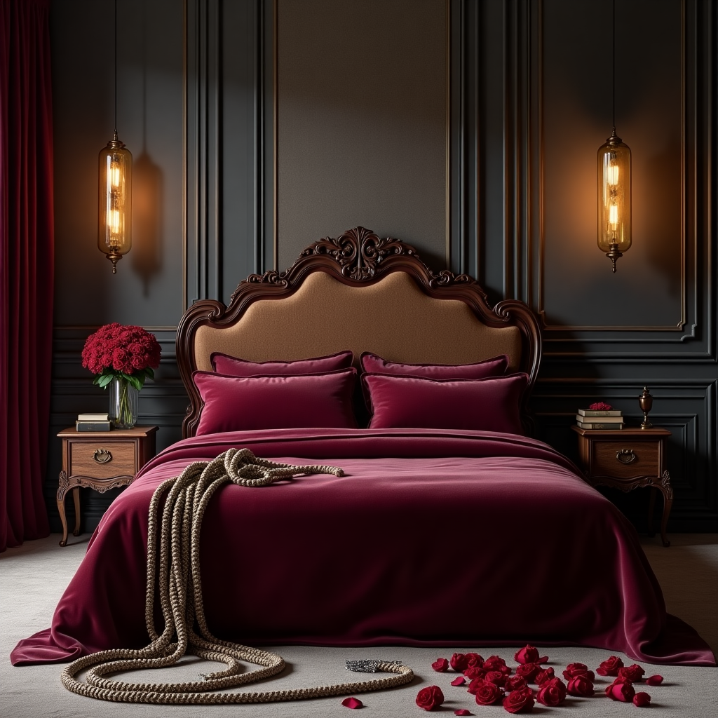 Title: "Interwoven Harmony"

Front Cover Description:

Foreground:
- A large, plush bed with intricately carved wooden headboard and footboard dominates the scene. The bed is covered in a rich, deep burgundy velvet bedspread with an opulent sheen that catches the light, showcasing its luxurious texture.
- A delicate, silken rope in a shade of antique gold lies artistically arranged atop the bedspread, creating elegant loops and spirals that contrast against the rich burgundy fabric.
- A pair of polished silver chains glisten, coiled neatly near the foot of the bed, their metallic surfaces reflecting soft, ambient light. They are sleek, with a hint of ornate design in the links.
- Nipple clamps, crafted with a mix of brushed metal and soft, black leather, rest nearby, positioned with precision to highlight their craftsmanship.

Background:
- The room is enveloped in a subdued, yet sophisticated color palette of deep greys and charcoals, with subtle hints of gold in the trim of the walls, adding warmth and elegance.
- The walls are adorned with textured wallpaper that resembles a woven pattern, giving a tactile sense of depth.
- In the background, tall, elegantly draped curtains in a complementary burgundy hang floor to ceiling, casting gentle shadows across the room.
- A series of soft, pendant lights hang overhead, their glass surfaces tinted in a warm amber hue, casting a golden glow that accentuates the room's features.
- A vintage, ornate mirror with a gilded frame hangs on one wall, capturing the subtle interplay of light and shadow, adding dimension to the scene.

Objects:
- An intricately designed nightstand, crafted from dark mahogany, stands beside the bed. Atop it, a crystal vase holds a single, deep red rose in full bloom, its velvety petals meticulously detailed.
- A small, leather-bound book with gilded edges rests on the nightstand, suggesting a story waiting to unfold.
- Soft, scattered petals of crimson red roses create a delicate pathway leading to the bed, hinting at the intricate narrative captured within this scene.

The image captures the essence of sophistication through a meticulous arrangement of elements, inviting viewers into a world where artistry meets reality.
Generated with these themes: Smooth, Obedient, Listener, Supportive, Always there , Submissive Woman, Dominant Man, Rope, Bed, Chains, Nipple clamps, and Naked.
Made with ❤️ by AI.