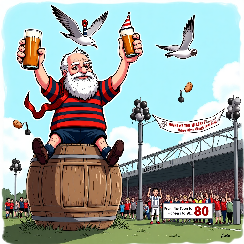 **Prompt:**

At the top of the illustration image, "Howay Arthur – 80 Years of Graft, Goals & Grog!"

Create a humorous illustration in a vibrant, hand-drawn style featuring Arthur—an 80-year-old toon-obsessed grandad—decked out in full Newcastle United kit (striped jersey, scarf, and a big foam finger), perched proudly atop Tynemouth Priory ruins, which have been whimsically turned into a giant birthday cake shaped like a whisky barrel.

He's raising a pint of Newcastle Brown Ale in one hand and a wee dram of whisky in the other, both frothing over comically. Seagulls wearing mini football kits circle above, one balancing a party hat and another nicking a sausage roll. In the background, St James' Park rises majestically with black-and-white balloons floating from the stands. A banner strung between two lamp posts reads, “From The Toon To Tynemouth — Cheers to 80!” with fans cheering wildly from below, waving tiny “Howay the Birthday Lads!” flags.

The whole scene is festive, slightly chaotic, and absolutely hilarious — a wild birthday toon party for the ages.
Generated with these themes: Newcastle United Football Club, Tynemouth, 80, Newcastle, Whisky, and Beer.
Made with ❤️ by AI.