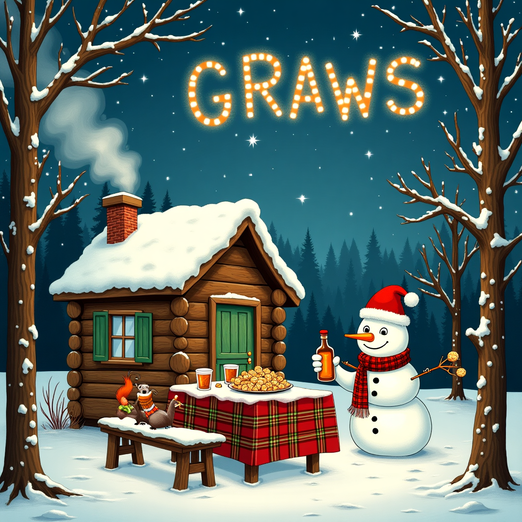 The scene is set in a cozy, whimsical winter wonderland, nestled deep in a snow-covered forest. The central focus is a charming, rustic log cabin with smoke curling from its chimney, suggesting the warmth inside. Around the cabin, towering pine trees, their branches laden with snow, frame the scene. In front of the cabin, there's a wooden table adorned with a colorful red-and-green checkered tablecloth. On the table, an array of festive items is displayed: a vintage bottle of whisky, two tumblers filled with amber liquid, and a platter of Christmas cookies shaped like snowflakes and stars.

Perched on one of the nearby branches is a cheeky squirrel donning a tiny Santa hat, eyeing the cookies with mischievous intent. Beside the table stands a jolly snowman, its eyes made from coal and a carrot for a nose. The snowman wears a tartan scarf, a nod to the whisky theme, and holds a miniature bottle of whisky in one stick hand, as if offering a toast to the viewer.

In the sky above, the words "GRAWS" are artfully formed by a flock of geese flying in a V-formation, each bird contributing a letter. The letters seem to shimmer against the twilight sky, which is painted in hues of deep indigo and sparkling with stars. This playful nod to the recipient is cleverly integrated into the serene, storybook scene, bringing an element of surprise and delight. The entire tableau is reminiscent of a whimsical tale, blending the charm of Beatrix Potter with the intricate line work of Edward Gorey, all while being suffused with the warmth and humor of Norman Rockwell's storytelling artistry.
Generated with these themes: Whisky in winter .
Made with ❤️ by AI.