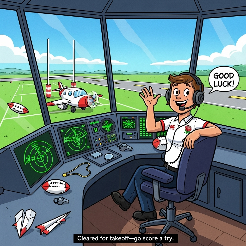 At the top of the Cartoon Style image, Good luck

Playful cartoon scene with exaggerated proportions, thick outlines, bright saturated colors, whimsical, energetic poses: inside a quiet, sunlit air traffic control tower with wraparound glass, a cheerful controller sits on a tall swivel chair, wearing an England rugby jersey (white with a red rose motif) over their uniform and an ATC headset, giving a friendly wave. On the console: glowing green radar scopes with rugby-ball-shaped blips, scattered paper airplanes with stitched rugby-ball markings, a referee’s whistle lanyard. Through the panoramic windows below, the runway comically blends into a lush rugby pitch with tall white goalposts; a chunky airplane painted like a rugby ball with little wings is trundling toward the posts. Big blue sky, vivid greens, bold black outlines, lively poses, bouncy lighting. Keep the image large and uncluttered with generous sky space. At the bottom, add one small cheeky line of text: Cleared for takeoff—go score a try!
Generated with these themes: Sitting in Quiet Air traffic control tower, English rugby, , and .
Made with ❤️ by AI.