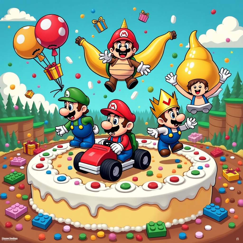 **Image Prompt:**  
At the top of the cartoon image: "Level Up, Alan! It’s-a Your Birthday Time!"  

A surreal, cartoon-style birthday scene featuring Mario and Luigi as life-sized LEGO minifigures, bouncing across a melting, dreamlike cake-shaped landscape that resembles a trippy version of a Mario Kart track made of frosting, jellybeans, and confetti. The sky is an upside-down rainbow, with LEGO brick clouds shaped like mushrooms. Alan (also a LEGO figure, wearing a golden birthday crown and floating slightly above the ground) is joyfully riding a banana-shaped kart powered by sparkly balloons. LEGO Bowser is accidentally launching birthday presents out of a cannon, and Toad is parachuting in with a giant candle shaped like a 1-Up mushroom. All characters have wide-eyed, wonky expressions as if caught in the middle of a glorious, sugar-fueled video game dream.
Generated with these themes: Mario and luigi lego , and .
Made with ❤️ by AI.