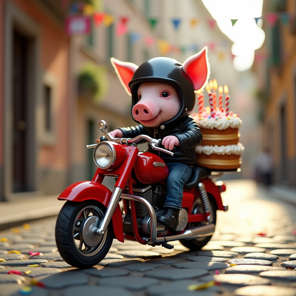 At the top of the Photorealistic picture taken from a camera image, Buon Compleanno!

Ultra-high-definition 4K UHD photograph, funny and lifelike: a tiny pink maialino motociclista (piglet motorcyclist) in a glossy black mini-helmet and leather biker jacket, perched proudly on a classic red mini Italian motorcycle. Strapped to the back seat with bright bungee cords is an over-the-top, multi-tier torta di compleanno covered in thick white frosting, colorful sprinkles, and lit candles wobbling dramatically; a playful smear of frosting dabbed on the piglet’s snout. Scene set on a sunlit cobblestone street of a charming Italian village, with warm golden-hour light, soft shadows, and festive bunting and confetti fluttering through the air. The composition leaves roomy sky/negative space at the top for the headline, while the subject is crisply in focus with rich textures (piglet fur, leather grain, chrome shine, marzipan details on the cake), and the background softly blurred with creamy bokeh for depth. Cheeky action feel: a hint of motion in the confetti and ribbons, tiny tire slightly angled like a playful pose, candle flames glowing. Include one small extra caption near the bottom on a tiny racing pennant tied to the handlebars: “A tutto gas verso la torta!” in a playful hand-lettered script. Shot on a full-frame DSLR, 50mm prime lens, f/1.8, ISO 100, 1/500s, natural daylight, accurate color, realistic skin/fur tones, true-to-life shadows, no artificial stylization, no additional text or logos beyond the specified lines.
Generated with these themes: Maialino motociclista,torta, and .
Made with ❤️ by AI.