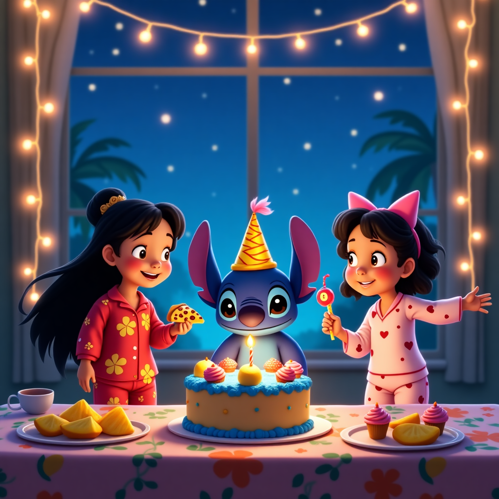 **Front Cover Description:**

A lifelike and whimsical scene unfolds on the front of the birthday greeting card, capturing the fun and magic of a birthday-themed nighttime pajama party. This card showcases beloved characters Lilo, Angel, and Stitch, who are immersed in a vibrant celebration.

**Scene Composition:**

1. **Foreground Characters:**
   - **Lilo:** Lilo stands with a playful grin, wearing bright red pajamas adorned with yellow hibiscus flowers. Her long black hair is tied back in a loose ponytail. She holds a slice of pineapple pizza, her favorite, in one hand.
   - **Stitch:** Next to Lilo, Stitch is dressed in vivid blue pajamas with dark blue star patterns. His large, expressive ears are perked up, and he's balancing a birthday hat on his head—it's yellow with a spiraling red ribbon attached to the top.
   - **Angel:** On the other side, Angel is in pale pink pajamas dotted with tiny red hearts. Her antennas slightly curled at the tips, and she wears a similar party hat, but in a pastel pink shade. She's carrying a colorful noisemaker in one hand, ready to celebrate.

2. **Midground Details:**
   - A low table covered with a vibrant tropical tablecloth is laden with party treats. There's a large birthday cake at the center with a bright blue icing and a big candle shaped like the number 8 on top. Around the cake, a spread of cupcakes, each with different colored frosting, is artfully arranged.
   - A punch bowl filled with a tropical fruit punch and surrounded by small, colorful cups sits to one side. Small plates with slices of pineapple and mango are scattered around the table.

3. **Background Elements:**
   - The room is softly lit with strings of twinkling fairy lights draped across the walls, casting a gentle glow. The lights are a mixture of blue and pink hues, giving the room a cozy, magical feel.
   - Behind the characters, a large window reveals a view of the Hawaiian night sky, where twinkling stars and a glowing full moon add a dreamy touch. Palm tree silhouettes are faintly visible, swaying in the moonlit breeze.
   - Balloons in a variety of colors—pink, blue, yellow, and green—are tied to the corners of the table, floating gently towards the ceiling.

**Color Palette:**
The color palette of this illustration is bright and cheerful, with tropical reds, pinks, blues, and yellows that reflect the Hawaiian theme and the festive atmosphere. The contrast between the warm, inviting indoor lights and the cool, tranquil moonlit background adds depth and charm to the overall scene.
Generated with these themes: lilo and angel and stitch celebrate birthday nightime pyjamas party.
Made with ❤️ by AI.