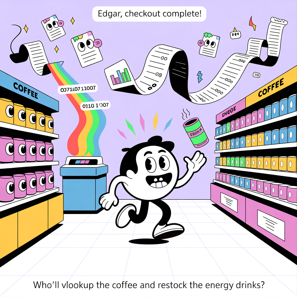 Systems, convenience store, data, spreadsheets, energy drink, coffee, and Farewell Card