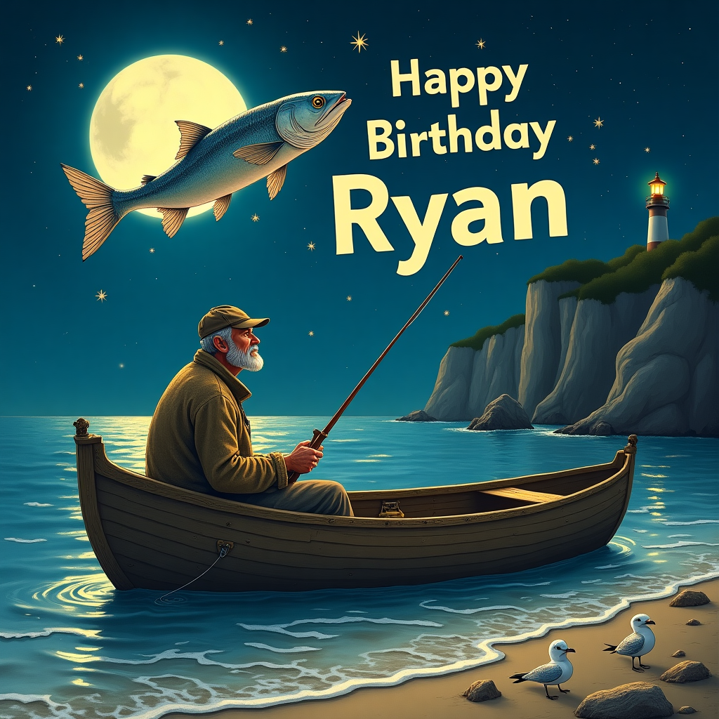 In this solemn yet enchanting birthday card scene, we find ourselves on the tranquil shore of a serene, moonlit sea. A vintage wooden rowboat, worn yet charming, gently sways in the shimmering water, anchored by a small, weathered anchor made of aged brass. Inside the boat, a wise old fisherman with a rugged, deeply lined face sits with a peaceful expression. His eyes reflect the wisdom of countless days at sea, and he is adorned in a patched-up fisherman’s hat and a warm, woolen sweater, its texture reminiscent of an old quilt. His hands, strong and calloused, hold a fishing rod with a gentle grip. 

Floating above the scene, a large, silvery fish with iridescent scales gracefully leaps through the air. This mystical fish arcs high above the water, its body outlined against the backdrop of a starry night sky. The stars twinkle like tiny diamonds, each one a dot of brilliance. Just beneath the arch of the fish, the words "Happy Birthday Ryan" shimmer in the night, crafted from luminescent sea foam. Each letter is formed by the crest of a gentle wave, with intricate details reminiscent of Aubrey Beardsley's delicate lines and patterns.

In the background, the sea stretches infinitely, its gentle waves reflecting the silvery light of a full moon. The horizon is framed by towering cliffs, their edges softened by the delicate touch of moonlight, much like a Maxfield Parrish landscape. A solitary lighthouse stands sentinel on one of the cliffs, its beam a guiding light cutting through the dark night, reminiscent of N.C. Wyeth's adventurous illustrations. At the shoreline, a few scattered seashells and driftwood pieces add texture and depth, while a small family of curious seagulls watches over the scene, lending a touch of whimsy inspired by Quentin Blake's playful style.

This card captures a moment of serene reflection, with each element meticulously detailed to create a narrative that celebrates the quiet beauty of life’s journeys, perfectly woven together to say, "Happy Birthday Ryan."
Generated with these themes: Fisherman, Fish, and Sea.
Made with ❤️ by AI.