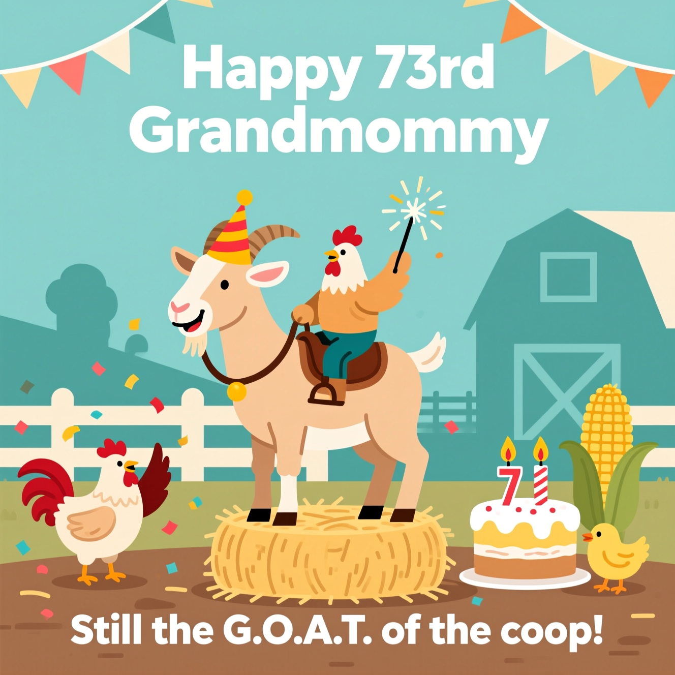 At the top of the Vector Style image, "Happy 73rd Grandmommy"

At the bottom of the image, "Still the G.O.A.T. of the coop!"

- Clean flat-vector scene: a confident, light-tan goat stands heroically on a tidy hay bale pedestal, wearing a bright party hat and a smug grin.
- A cheeky chicken rides sidesaddle on the goat’s back like a rodeo champ, waving a tiny sparkler; two more chickens flank them, tossing confetti and striking sassy poses.
- To the side, a simple corn-cob “cake” topped with two candles shaped like 7 and 3; a curious chick pecks at the frosting.
- Background: minimalist barnyard silhouettes (a barn and fence in soft teal/cream), with a string of simple triangle bunting arcing across the upper corners—leave clear negative space around the top headline.
- Style: clean flat-vector art with crisp lines, solid color blocks, minimal gradients, and modern graphic precision; smooth, even stroke weight and subtle geometric shadows.
- Color palette: warm creams, soft browns, sunny yellows, rooster reds, and teal accents; high contrast for legible text.
- Typography: bold, playful sans-serif for both lines; top headline centered, large and proud; bottom punchline centered and slightly smaller; white text with a dark outline for clarity.
Generated with these themes: Chickens, Goats, and .
Made with ❤️ by AI.