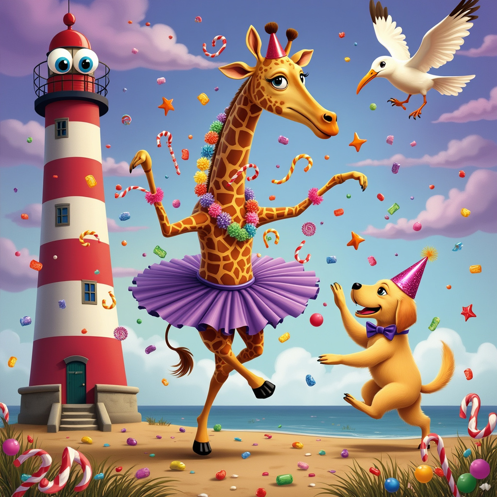 The birthday card front cover is a riot of whimsical elements that come together to form a delightful and humorous scene. At the center of the illustration stands a giraffe, elegantly dressed in a purple tutu, performing an energetic ballet dance. The giraffe's long neck arches gracefully as its legs twirl, almost defying the rules of anatomy. Adorning the giraffe's neck are strings of colorful sweets, resembling a candy necklace, with lollipops, gummy bears, and licorice loops. 

In the background, there's a tall, red-and-white striped lighthouse, with an enormous pair of googly eyes affixed to the top, giving it a comical expression as if it’s watching the entire spectacle with amazement. A golden retriever, wearing a tiny party hat perched between its floppy ears, is seen at the base of the lighthouse, caught mid-leap in a jubilant dance. The dog's fur is captured in dynamic motion, each strand highlighted with glimmers of sunshine.

Adding to the fun, a seagull, also donning a small purple bow tie, swoops in from the top right corner, holding a piece of candy in its beak. The seagull’s eyes are wide open, and it appears to be smiling as it joins the birthday revelry. Scattered around the scene are oversized, colorful sweets like giant jelly beans, licorice twists, and candy canes that create a vibrant, festive ground cover. The background sky is a mix of purples and blues, dotted with cartoonish clouds that each have a set of eyes, making it seem like the whole sky is joyously observing the party below.

This scene combines surreal elements with realistic details, creating a fantastical world that tells a unique birthday story filled with dancing animals, oversized sweets, and playful inanimate objects brought to life.
Generated with these themes: Eyes, Dancing, Giraffe, Sweets, Purple, Golden retriever, Lighthouse, and Seagull.
Made with ❤️ by AI.