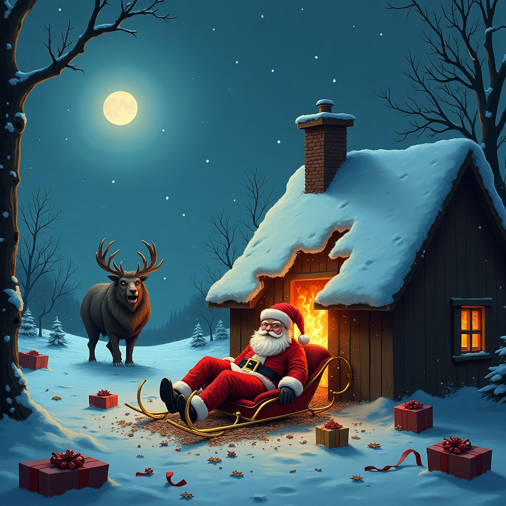 Santa has crashed his sleigh into a house and is knocked unconscious, The sleigh and presents are broken and on fire, and An evil Rudolph the red nose reindeer is approaching Santa Christmas Card