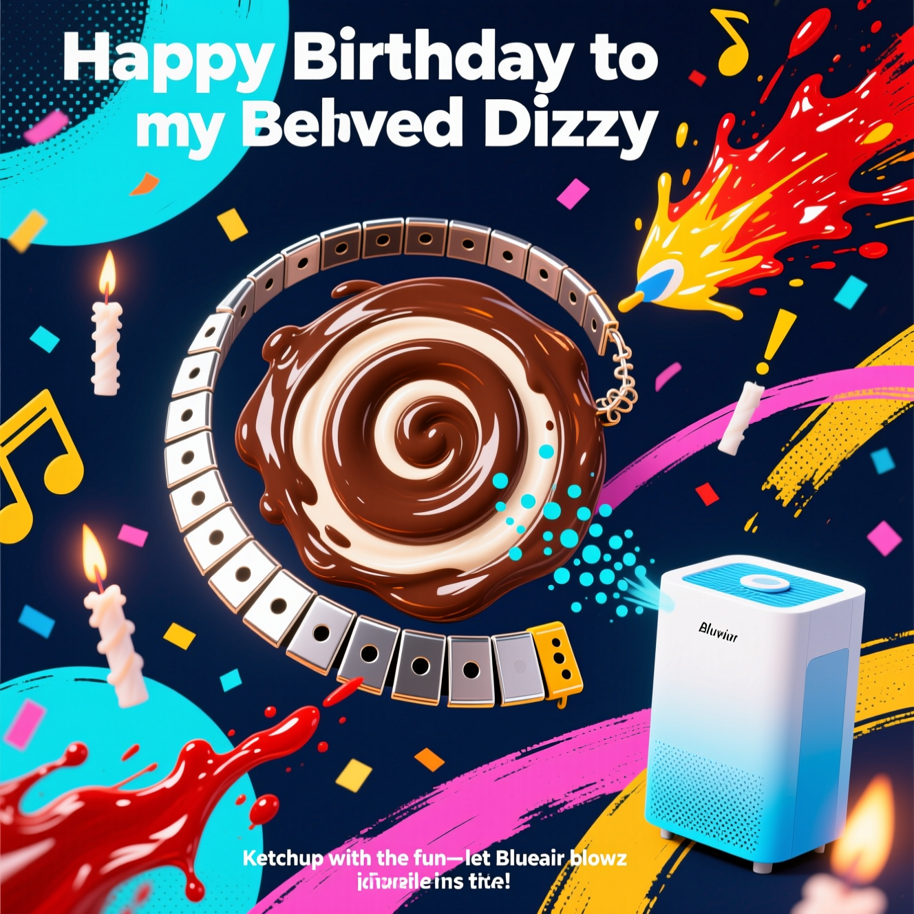 Alpro chocolate yoghurt , Harmonica necklace , Curry gewürz ketchup , Blueair air purifier , and Birthday Card