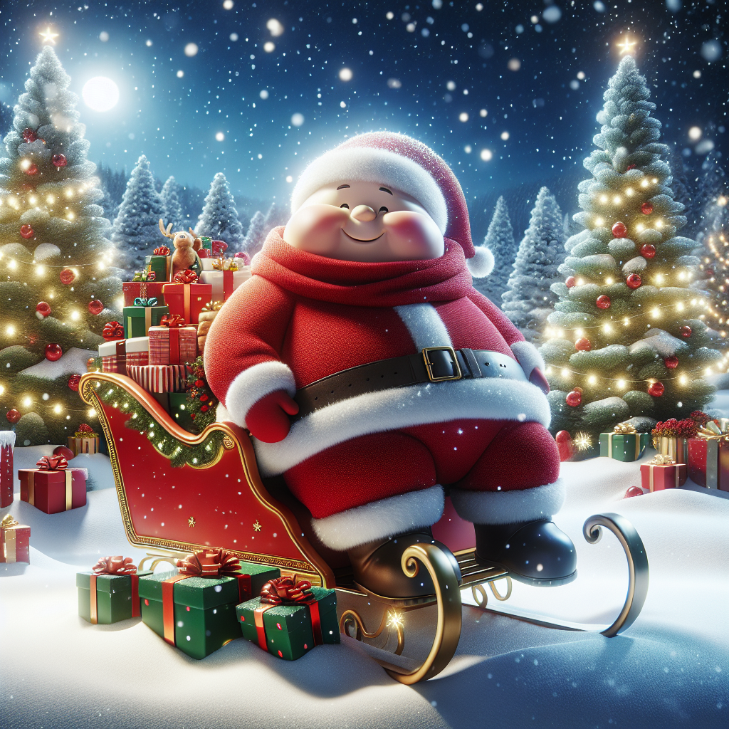 A charmingly plump and jovial Santa Claus takes center stage in this festive cartoon Christmas scene, his crimson suit a delightful contrast against the snow. He's perched cheerfully atop a sledge brimming with colorfully wrapped presents, ready to deliver joy. In the backdrop, evergreens adorned with twinkling lights stand silent witness to the holiday spirit, while a gentle snowfall blankets the world in white. Above, the night sky sparkles with stars, enhancing the magical ambiance.
Generated with these themes: Fat old and cute santa with gifts riding the sledge. The background should have chreistmas trees litup and stars in the sky with mild snow fall.
Made with ❤️ by AI.