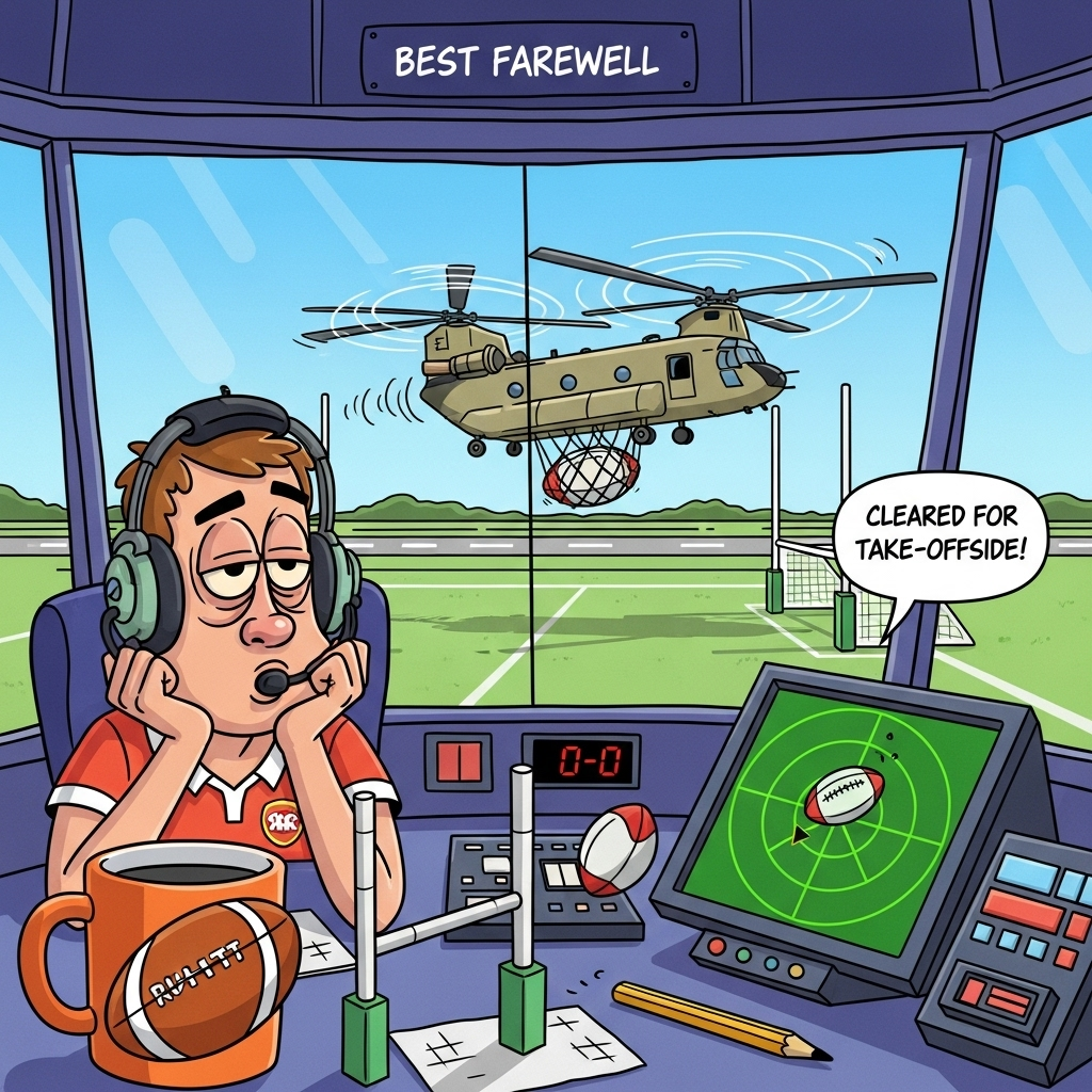 At the top of the Cartoon Style image, Best wishes

A funny farewell scene inside a quiet, sunlit air traffic control tower in playful cartoon style: exaggerated, goofy ATC controller with oversized headset and a rugby jersey slumps in a swivel chair, chin in hand, eyes half-lidded in epic boredom. Thick black outlines, bright saturated colors, and bouncy shapes. The curved panorama windows reveal a calm runway transformed into a rugby pitch with crisp white goalposts. Outside, a chunky twin-rotor Chinook helicopter putters slowly past, rotors whooshing with swirly motion lines, carrying a giant rugby ball in a cargo net. The console is cluttered with a massive tangerine mug (rugby-ball print), mini goalposts made from pencils, a paper rugby ball mid-flick, and a green radar screen showing a single blip shaped like a rugby ball. Add a tiny digital scoreboard sticker reading 0–0 for extra quiet vibes. Lighting is bright and cheerful: cobalt sky, lime-green radar glow, coral and teal accents, purple-blue cartoon shadows.

Place a small, cheeky text caption as a speech bubble from the bored controller: “Cleared for take-offside!”
Generated with these themes: Sat bored in quiet air traffic control tower, Rugby, Chinook helicopter, and .
Made with ❤️ by AI.
