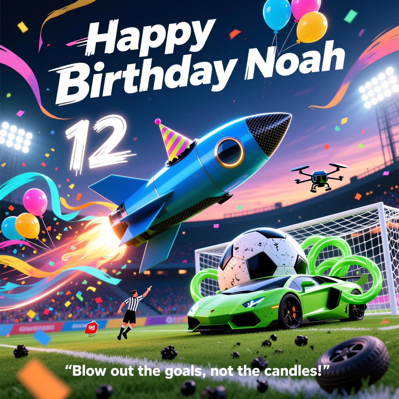 At the top of the Abstract Style image, “Happy Birthday Noah” in large, bold white letters with a subtle dark stroke for readability.

Funny abstract birthday cover art with a rocket-powered car soccer arena vibe at dusk under blazing floodlights. Execute in a bold abstract composition of geometric shapes and fluid curves, high-contrast color blocks, and dynamic brush-stroke textures. Vertical portrait, ultra-detailed 4K. Field-level sideline perspective with a shallow depth-of-field feel (as if 50mm at f/2.8): foreground crisp, background melting into cinematic bokeh and natural lens flares.

Center action as expressive abstraction: a sleek candy-blue rocket car distilled into streamlined geometric forms with glossy gradient “paint,” hints of carbon-fiber weave, and a tiny triangular party hat perched on its roof. The car vaults midair in a bicycle-kick arc, depicted by sweeping ribbons and speed-line strokes; its glowing boost curls to sketch a luminous “12” in the air with faint heat-shimmer ripples. A giant, slightly scuffed soccer ball rendered as a textured sphere of layered brush specks hurtles toward an abstract goal: a luminous lattice of intersecting white lines.

Inside the net, a celebratory burst: confetti polygons and balloon orbs erupt in neon hues. The lime-green goalie car becomes humorously tangled—twisted lime loops and kinetic wheel-circles spinning with circular motion-blur marks. Nearby, a tiny referee drone, a hovering geometric glyph, flashes a miniature red square “card” pointed knowingly at a tire. Bits of grass and black rubber pellets spray forward as granular splashes along the bottom foreground. The crowd becomes a mosaic of vibrant bokeh dots and color blocks; a distant hazy scoreboard reads a bold, abstract “10.”

Lighting and mood: blazing floodlights carve crisp specular highlights and long, graphic shadows; vibrant, high-contrast color grade (candy blue, lime, electric cyan, neon magenta, sunflower yellow, deep indigo). Materials are implied via texture—glossy reflections, metallic sheens, carbon-fiber hints, soft grass fibers—while keeping everything stylized and non-photoreal. Maintain strong diagonals and energetic flow, with subtle motion blur on the sidelines to emphasize velocity.

On the pitch-side LED ribbon near the bottom, place a cheeky single-line caption: “Blow out the goals, not the candles!” in bright pixel-style type, slightly curved to match the ribbon’s perspective.

No brand logos or trademarks. Clean edges, generous breathing room for the top header text, and a punchy, modern, expressive abstract finish.
Generated with these themes: At the top of the Photorealistic picture taken from a camera image, Happy 12th Birthday, Noah!  Ultra-high-definition 4K UHD, photorealistic vertical portrait photograph, field-level sideline angle as if shot with a 50mm lens, f/2.8, 1/2000s, ISO 400, shallow depth of field. Rocket League–style, real-life soccer stadium at dusk under blazing floodlights. In the foreground, a sleek candy-blue rocket-powered sports car wearing a tiny party hat on its roof launches off the turf mid-air, performing a bicycle-kick to slam a giant, scuffed soccer ball toward the goal. The car’s glowing boost trail curls in the air to form a luminous “12.” Confetti and balloons erupt inside the net like a celebratory goal explosion. The lime-green goalie car is comically tangled in the net, wheels spinning, while a little referee drone hovers nearby flashing a tiny red card at a tire. Bits of grass and rubber pellets fly; speed lines and subtle motion blur on the sidelines emphasize velocity. The packed crowd is a colorful bokeh; the distant scoreboard shows a huge “10.” Realistic materials and lifelike textures: glossy paint reflections, carbon-fiber spoiler, heat shimmer from exhaust, detailed turf fibers, accurate stadium lighting and shadows, crisp specular highlights. Place a cheeky single-line caption on the pitch-side LED ribbon near the bottom: “Blow out the goals, not the candles!” Render the header text at the top in large, bold white letters with a subtle dark stroke for readability. No brand logos. Vibrant, high-contrast color grade, natural lens flare, cinematic bokeh., and .
Made with ❤️ by AI.
