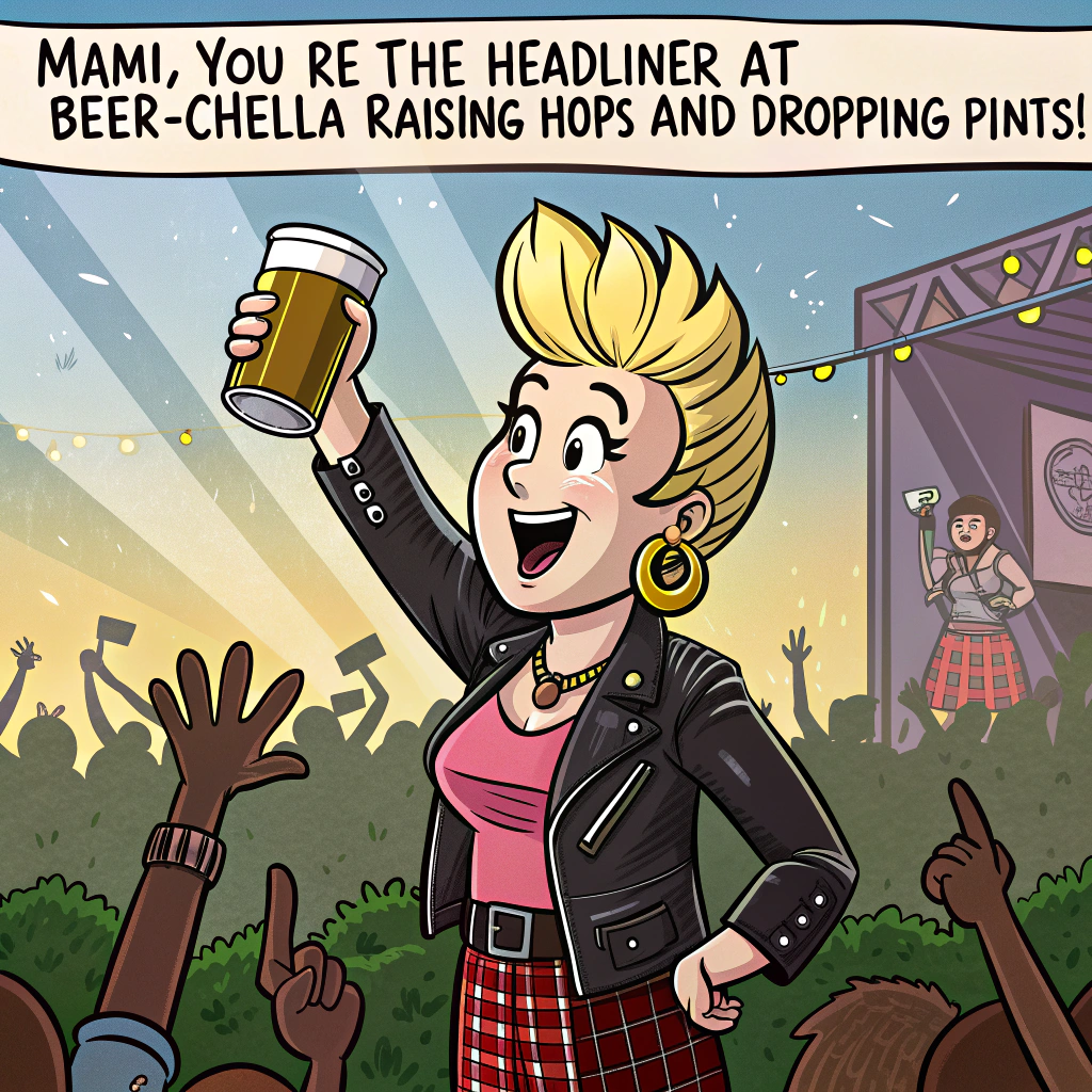 At the top of the image, "MAMI, you’re the headliner at BEER-chella — raising hops and dropping pints!"

- In the center of the image, illustrate a hilariously rowdy punk rock beer festival with dozens of eccentric cartoon characters dressed in leather jackets, mohawks, kilts, and spiked accessories, moshing, air-guitaring, and raising frothy mugs of beer.

- Front and center, feature MAMI — a blonde woman in a cheeky punk get-up (fishnets, leather vest, birthday sash), holding up a giant sloshing beer mug triumphantly with one hand, and the other throwing devil horns to the sky, grinning mischievously.

- The background should have wild beer tents with signs like “Ale-ternative Stage,” “Porter Pit,” and a crowd-surfing inflatable keg.

- Confetti, balloons shaped like beer bottles, and stage lights add to the wild, birthday-meets-beer-fest chaos.

- At the bottom of the image, write “HAPPY BEER-THDAY! Keep it loud, lager, and legendary!”
Generated with these themes: MANY PEOPLE AND IN THE MIDDLE A BLONDE WOMAN WITH A BEER, PUNK ROCK AND LOTS OF BEER FESTIVAL , and HAPPY BEER-THDAY.
Made with ❤️ by AI.