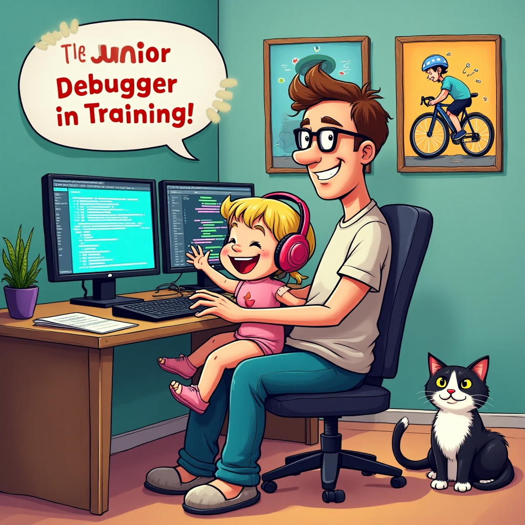 At the top of the Cartoon Style image, include the text: **Happy Birthday Tom**

**Image Description:**

A whimsical and vibrant cartoon scene featuring a 36-year-old man with glasses, comfortably seated at a cluttered desk wearing cozy slippers. He's immersed in computer coding on multiple colorful screens, each displaying playful, exaggerated code snippets. On his lap sits a cheerful baby girl with short blonde hair, wearing oversized headphones that are slightly askew, adding a touch of hilarity to the scene. She beams with joy, her tiny hands playfully reaching for the keyboard.

To their right, a curious black and white cat watches on with wide, animated eyes, its tail swishing playfully. The wall behind them is adorned with framed cartoon illustrations: one of the man swimming with exaggerated splash effects, and another of him cycling with a comically large helmet and a determined expression.

In a speech bubble above the baby girl, the playful text reads: "Junior Debugger in Training!"

The overall vibe is lively and humorous, perfect for bringing a smile to Tom's face on his special day.
Generated with these themes: .
Made with ❤️ by AI.