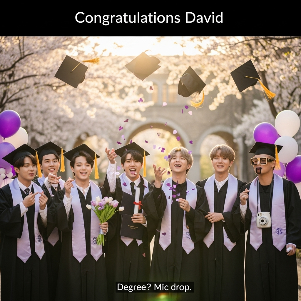 At the top of the Photorealistic picture taken from a camera image, Congratulations David

Ultra-high-definition 4K UHD, photorealistic candid group portrait of BTS celebrating a graduation: Jimin, Jungkook, Jin, J-Hope, Suga, Kim Namjoon (RM), and Kim Taehyung (V) in sleek black graduation gowns with soft lavender satin stoles, mortarboards with gold tassels, standing close in a cheerful group hug, mid-laugh, tossing caps and purple confetti hearts. Golden hour sunlight filters through campus cherry blossoms, gentle lens flare, creamy bokeh background of a university courtyard archway and balloons in BTS-purple and white. Cute touches: Jimin making finger-hearts, Jungkook playfully holding a rolled diploma like a microphone, Jin cradling a small bouquet of lilac tulips, Suga tossing his cap with a gummy smile, J-Hope releasing a handful of confetti, RM adjusting his stole while grinning, V flashing a boxy smile with a small instant camera slung at his side. Lifelike skin textures, crisp gown fabric, reflective highlights on tassels, accurate lighting and rich depth of field. Shot on a 50mm prime at f/2.2, ISO 200, 1/500s; soft, warm color grading, natural shadows, clean high dynamic range. Subtle purple and gold palette for a cute, celebratory mood. Small caption near the bottom: Degree? Mic drop.
Generated with these themes: BTS, Graduation , Jimin, Jungkook, Jin, Jhope, Suga, Kim namjoon, Kim taehyung, and .
Made with ❤️ by AI.