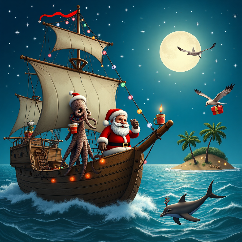 In this whimsical Christmas card scene, we delve into the heart of the sea, where a delightfully peculiar old pirate ship has become a floating winter wonderland. The ship itself, an intricate blend of steampunk elements and traditional pirate aesthetics, features aged wooden planks, rusted iron cannons, and a mast that seems to lean slightly to one side. A twinkling string of colorful Christmas lights has been wrapped around the mast and rigging, casting a festive glow. The ship's figurehead, a whimsical mermaid, wears a Santa hat and holds a candy cane trident with an impish grin.

On the deck, we see a merry gathering of quirky sea creatures dressed in holiday attire. A jolly octopus sports a knitted red scarf, holding a steaming mug of hot cocoa in one tentacle and decorating a small Christmas tree with another. Next to the octopus, a grizzled old sea captain with a fluffy white beard, reminiscent of Santa Claus, stands proudly at the helm, wearing a red velvet captain's coat trimmed with white fur.

In the background, the ocean sparkles under the starlit sky, with playful dolphins jumping through the waves, their fins adorned with tiny reindeer antlers. The moonlight reflects off the water, creating a path of shimmering silver leading to the ship. The distant silhouette of a tropical island with palm trees strung with fairy lights adds a touch of paradise to this nautical Noel.

Above, the sky is a deep indigo canvas dotted with stars and a large, full moon. Hovering near the ship, a seagull, wearing earmuffs and a scarf, carries a small, gift-wrapped present tied with a bow in its beak, clearly delivering last-minute gifts to the crew. This quirky scene captures the essence of a seafaring Christmas, blending maritime charm with festive cheer in a way that will surely bring a smile to anyone who receives this card.
Generated with these themes: AN OLD SHIP.
Made with ❤️ by AI.