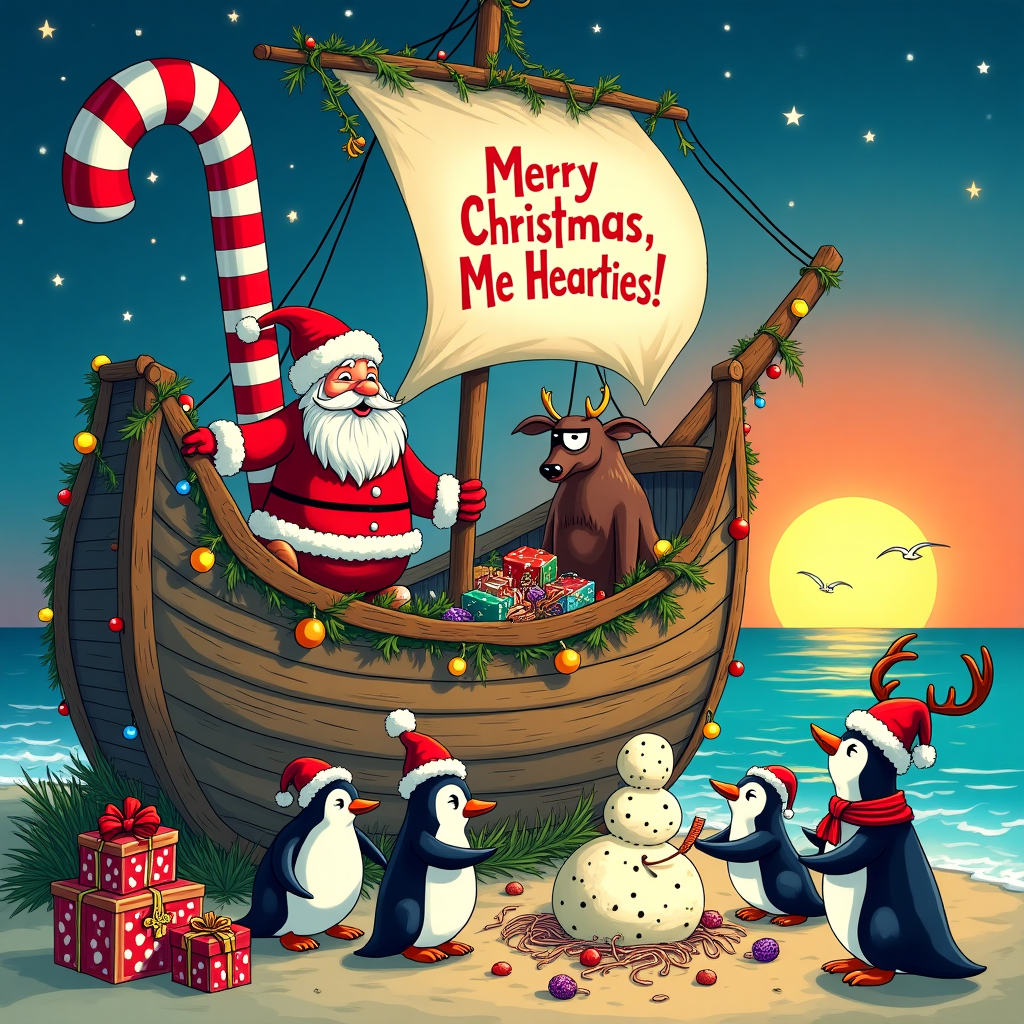 On the front of the Christmas greetings card, envision a comically whimsical scene set on the deck of an ancient, creaky wooden ship adorned with festive decorations. The ship's timbers, painted in fading blues and browns, are bedecked with twinkling Christmas lights and garlands made of seaweed and bright red ribbons. The ship's mast is humorously reimagined as a giant candy cane, complete with red and white stripes spiraling upwards. At the helm, a jolly old sea captain dressed in a Santa suit—with a hook for one hand and a wooden leg—cheerfully steers the vessel. His white beard flows in the wind like a wild ocean wave, and he wears a captain's hat decorated with a sprig of holly.

On the deck, mischievous seagulls wearing tiny Santa hats are gathered around a treasure chest overflowing with colorful, oversized Christmas ornaments and candy canes instead of gold doubloons. A trio of comical penguins, also decked out in Santa hats and scarves, are constructing a snowman made of sand, complete with a seashell smile and a carrot nose. Nearby, a swashbuckling reindeer with a patch over one eye and a jaunty red bandana around its neck is playfully attempting to wrap a present with tangled strands of tinsel.

In the background, the sun sets in a blaze of oranges and pinks over a calm, azure sea. The ship's tattered sails have been repurposed into a large banner that reads, "Merry Christmas, Me Hearties!" in bold, festive lettering. The entire scene is set against a night sky that is gradually coming to life with stars, echoing the playful and vibrant styles of the artists like Yulia Sokolova and Patrick Seymour, with bold lines and vibrant, contrasting colors, all contributing to a delightfully quirky and unforgettable holiday scene.
Generated with these themes: AN OLD SHIP.
Made with ❤️ by AI.