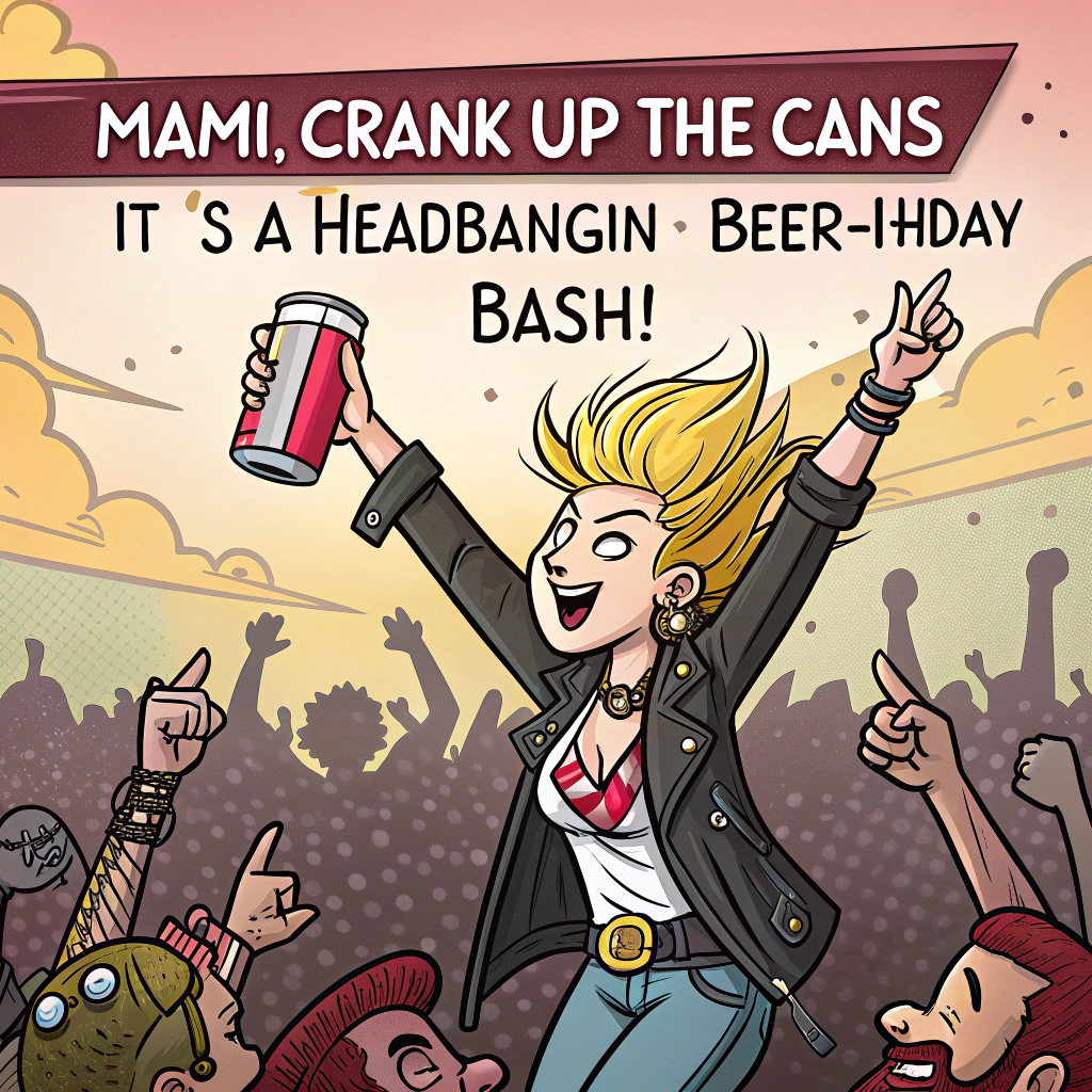 At the top of the image, "MAMI, Crank Up the Cans—It’s a Headbangin’ Beer-thday Bash!"

- In the center of the image, illustrate a lively, chaotic punk rock festival scene, packed with quirky, cartoon-style characters in mohawks, band tees, leather jackets, and tattoos.  
- People are crowd-surfing, throwing horns in the air, and sloshing overflowing pints of frothy beer everywhere.
- Right in the middle, highlight MAMI— a fun, bold blonde woman with a wild grin, holding a towering stein of beer triumphantly overhead like a rock goddess. She’s wearing punk sunglasses and a spiked tiara that reads “Birthday Queen.”
- There are oversized speakers blasting music, inflatable guitars in the air, and a stage banner that says “Happy Beer-thday MAMI!”
- A mischievous dog with a safety pin in its ear is stealing a hotdog nearby.
- The vibe is electric, rebellious, and hilariously festive — the perfect storm of beer, punk, and birthday joy.
Generated with these themes: PUNK ROCK FESTIVAL WITH LOTS OF BEER, HAPPY BEER-THDAY MAMI, and MANY PEOPLE AND IN THE MIDDLE A BLONDE WOMAN WITH A BEER.
Made with ❤️ by AI.