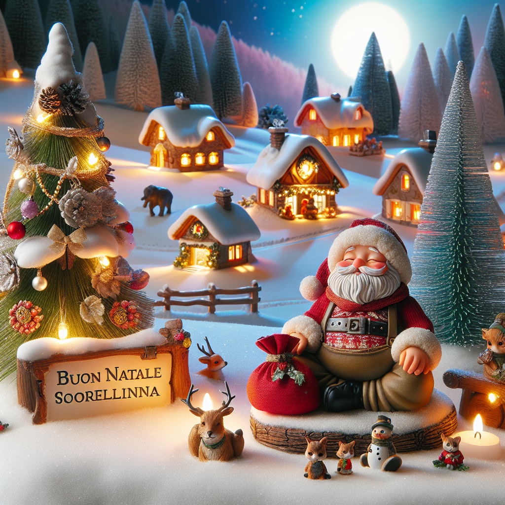 An illustration featuring a serene, snowy village with houses adorned by warm, glowing lights. In the foreground, a cute, plump Santa Claus is meditating atop a snow-covered roof, surrounded by peaceful woodland creatures. The message 'Buon Natale Sorellina' is inscribed on Santa's sack, next to a tree decorated with ornaments and candles.
Generated with these themes: wellness.
Made with ❤️ by AI.