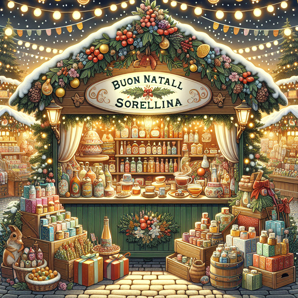 A vibrant Christmas market scene, where stalls are overflowing with holiday treats and gifts promoting self-care, is captured in this illustration. In the middle of the merry bustle, a wellness booth offers herbal teas and candles. Above the booth, a banner reads 'Buon Natale Sorellina' with twinkling lights and mistletoe adorning the text.
Generated with these themes: wellness.
Made with ❤️ by AI.