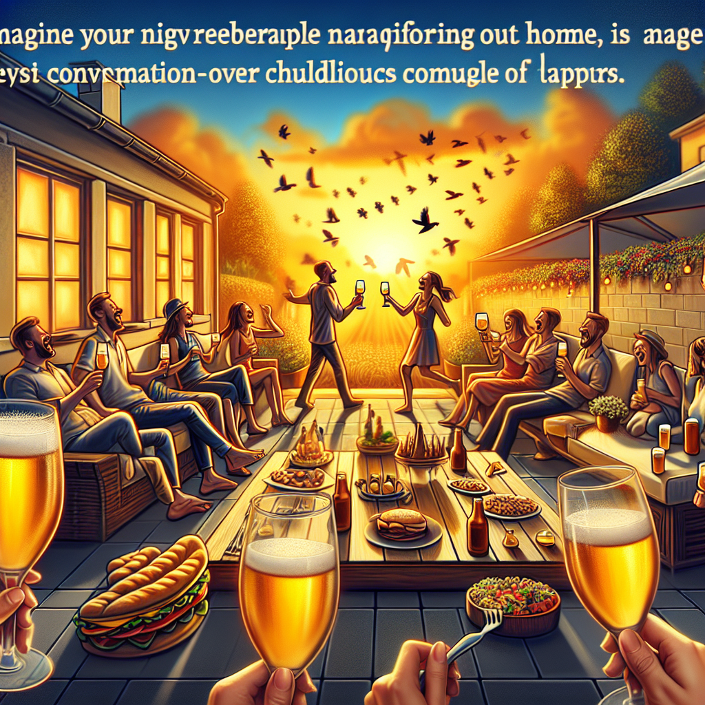 Imagine a jovial celebration taking place in a newly furnished home, where each corner is bustling with delicious gastronomic wonders. Picture animated conversations over chilled beers happening among a group of friends. Picture transforming your garden into a spectacle of happiness, honoring this significant milestone with laughter and enthusiastic toasts. In the background, the setting sun casts a warm, golden glow, lending an atmosphere of joyful camaraderie.
Generated with these themes: New home, Food, Beers, and Festival .
Made with ❤️ by AI.