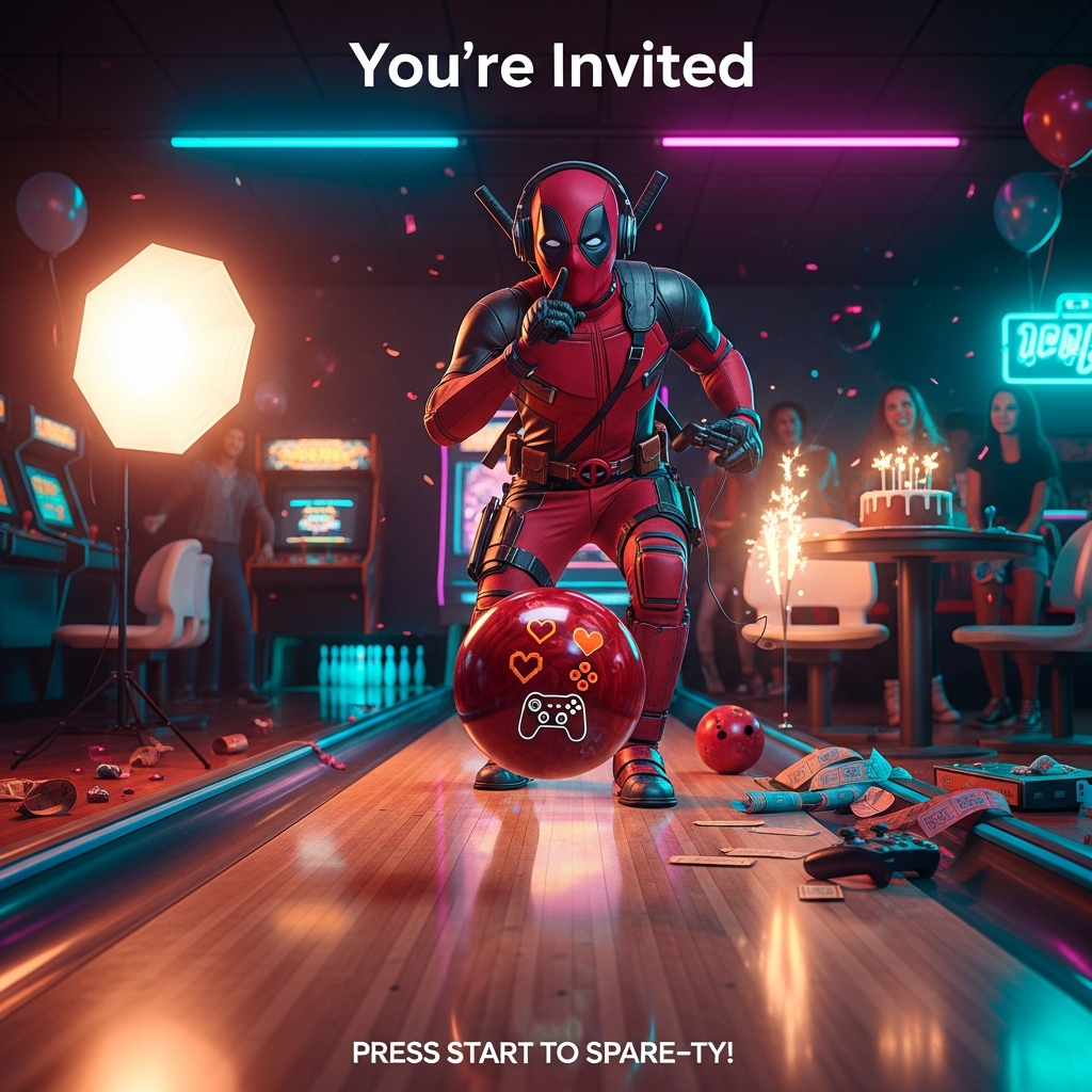 At the top of the Photorealistic picture taken from a camera image, You're Invited

Ultra-high-definition 4K UHD, photorealistic, funny scene inside a neon-lit bowling alley fused with a retro gaming arcade. Deadpool, in his iconic red-and-black suit with katanas safely sheathed, is mid-bowl in an over-the-top pose, wearing mismatched rental bowling shoes strapped over his boots and a chunky gamer headset. He’s launching a glossy red-and-black bowling ball customized with subtle pixel hearts and controller button glyphs; the ball hovers inches above the polished lane, crisp reflections trailing beneath it. Low, lane-level camera angle captures Deadpool in sharp focus with rich depth of field; pins, arcade cabinets, and partygoers blur into vibrant bokeh. On the scoring table: a small birthday cake with sparklers, a game controller, and a scattering of tickets and confetti. Warm tungsten lane lights mix with cool magenta/cyan arcade glow; soft off-camera flash from camera left (90cm octabox) freezes motion while keeping natural shadows and specular highlights on the ball and suit textures. Hyper-detailed materials: fine fabric weave and seams on the suit, scuffs on the rental shoes, wood grain and gloss on the lane, dust motes glittering in the light. Playful, mischievous expression suggested by Deadpool’s body language as he gestures with a “shhh” finger while bowling one-handed and clutching a controller in the other.

Camera: full-frame 35mm lens, f/2.2, 1/800s, ISO 800, RAW; cinematic color grade with warm highlights and cool shadows, natural film grain, realistic lens bokeh.

Typography:
- “You’re Invited” at the top in bold, clean white sans-serif with a soft neon edge glow for readability over the lights.
- At the bottom, add a small cheeky caption in playful neon script: Press Start to Spare-ty!
Generated with these themes: Deadpool, Bowling, Gaming, and .
Made with ❤️ by AI.